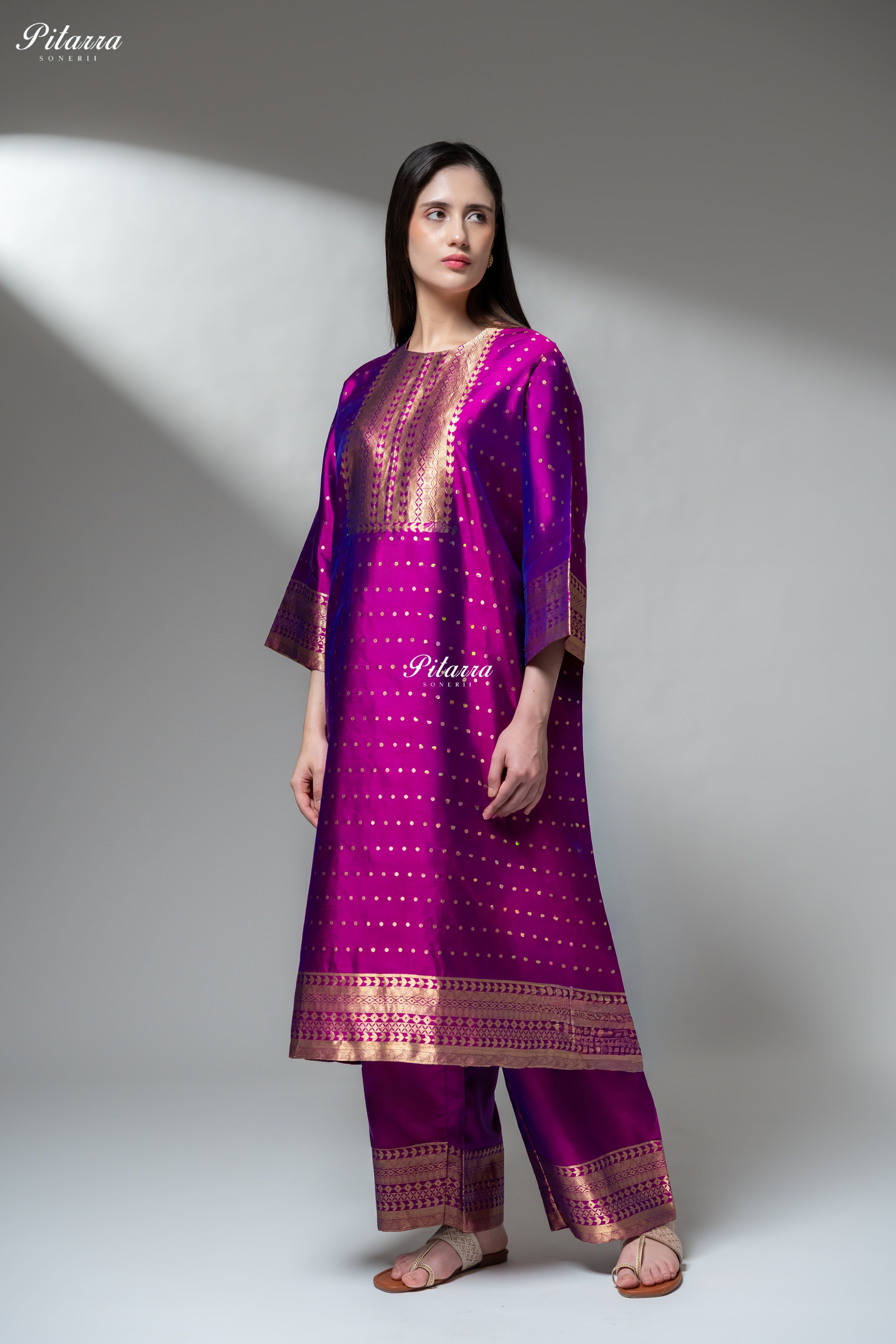 Magenta Purple Gold Zari Kurta Palazzo Set