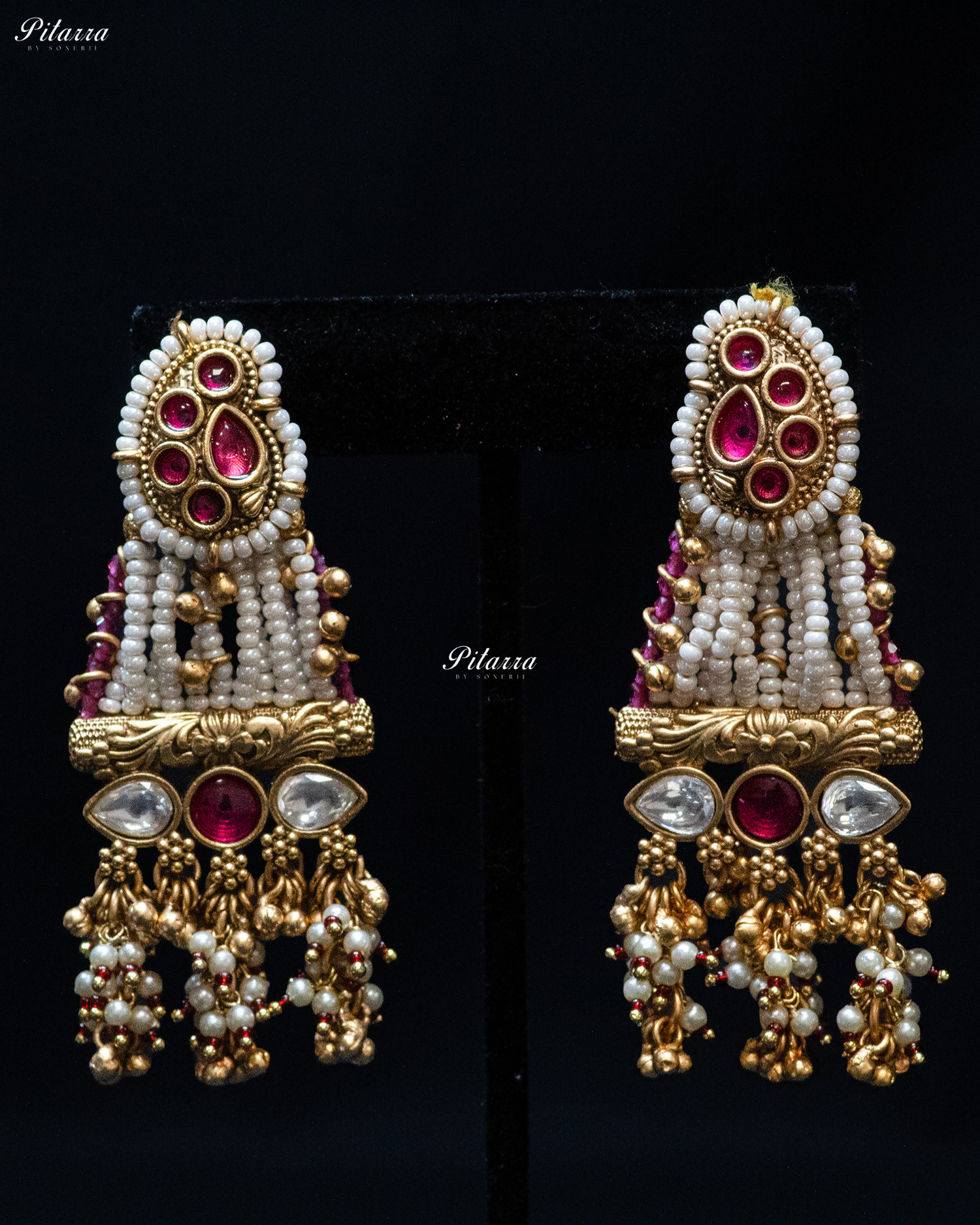 Golden Pink Stone Multi Strand Long Kundan Necklace Set