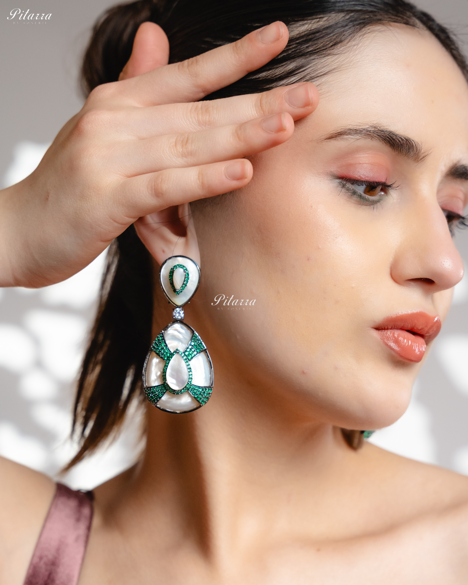 White Stone White Drop Emerald Line Crystal Dangler Earrings