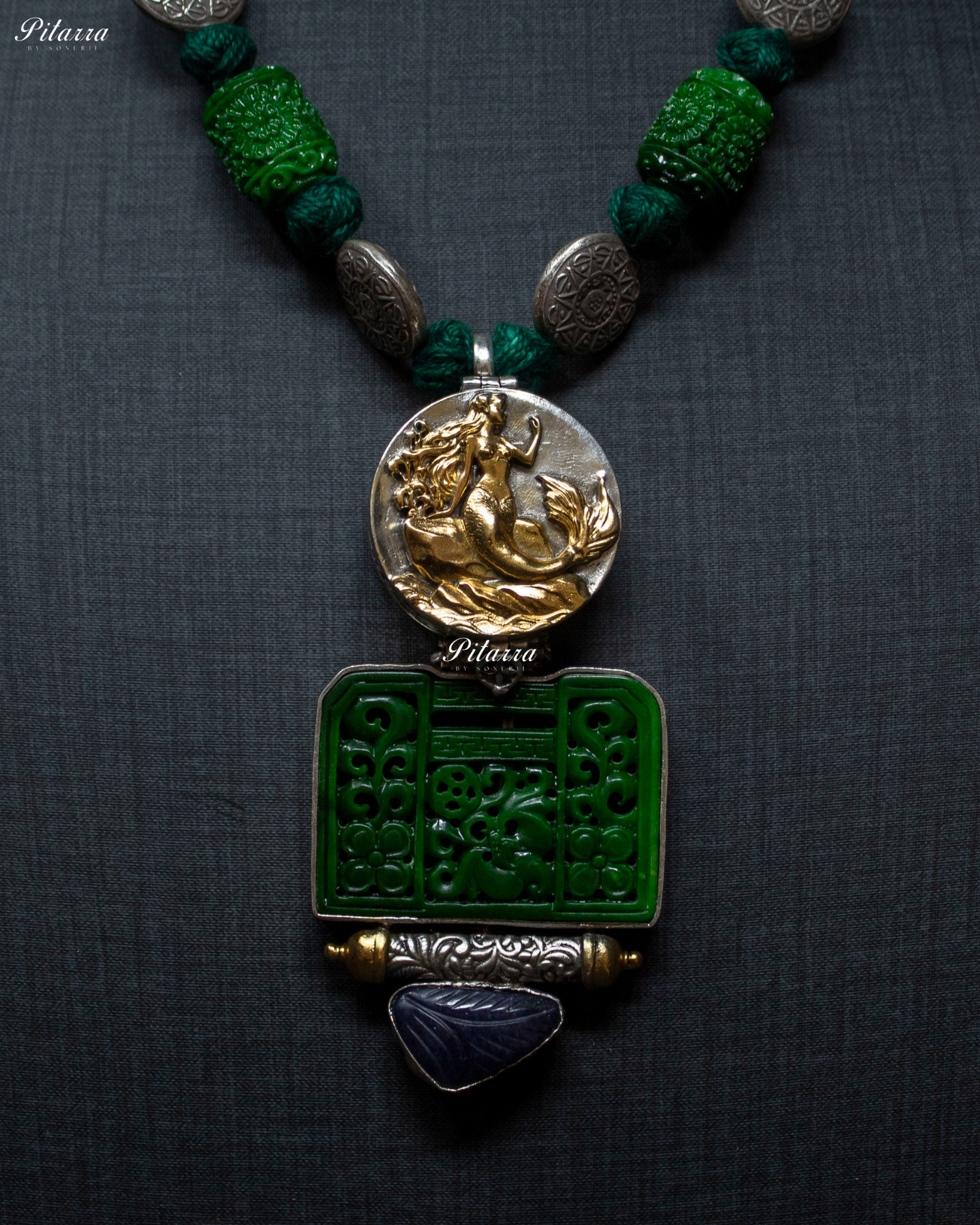 Gold Tone Figure Green Element 92.5 Silver Necklace