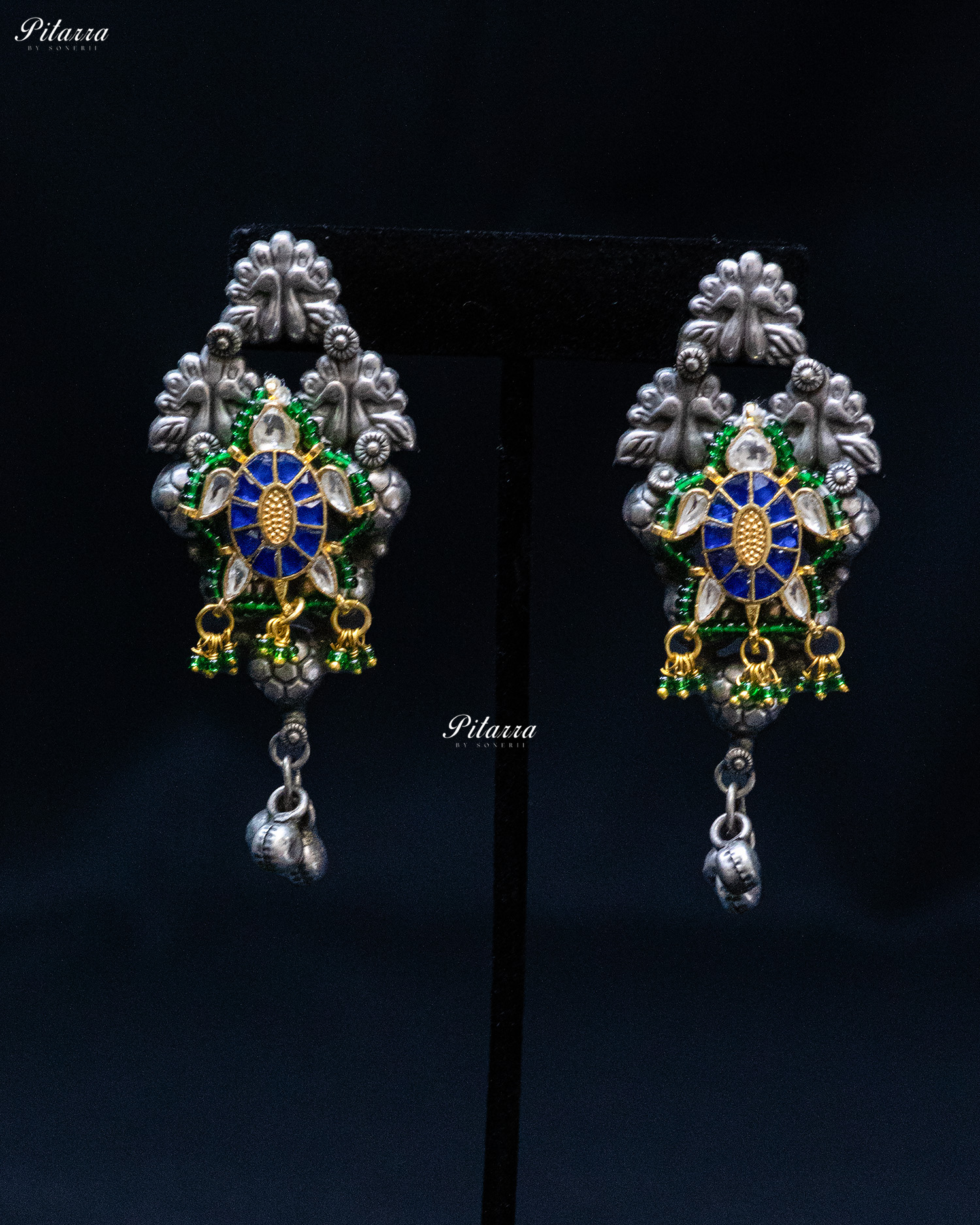 White Flora Green Elephant Ghunghroo Silver Look Alike Choker Set