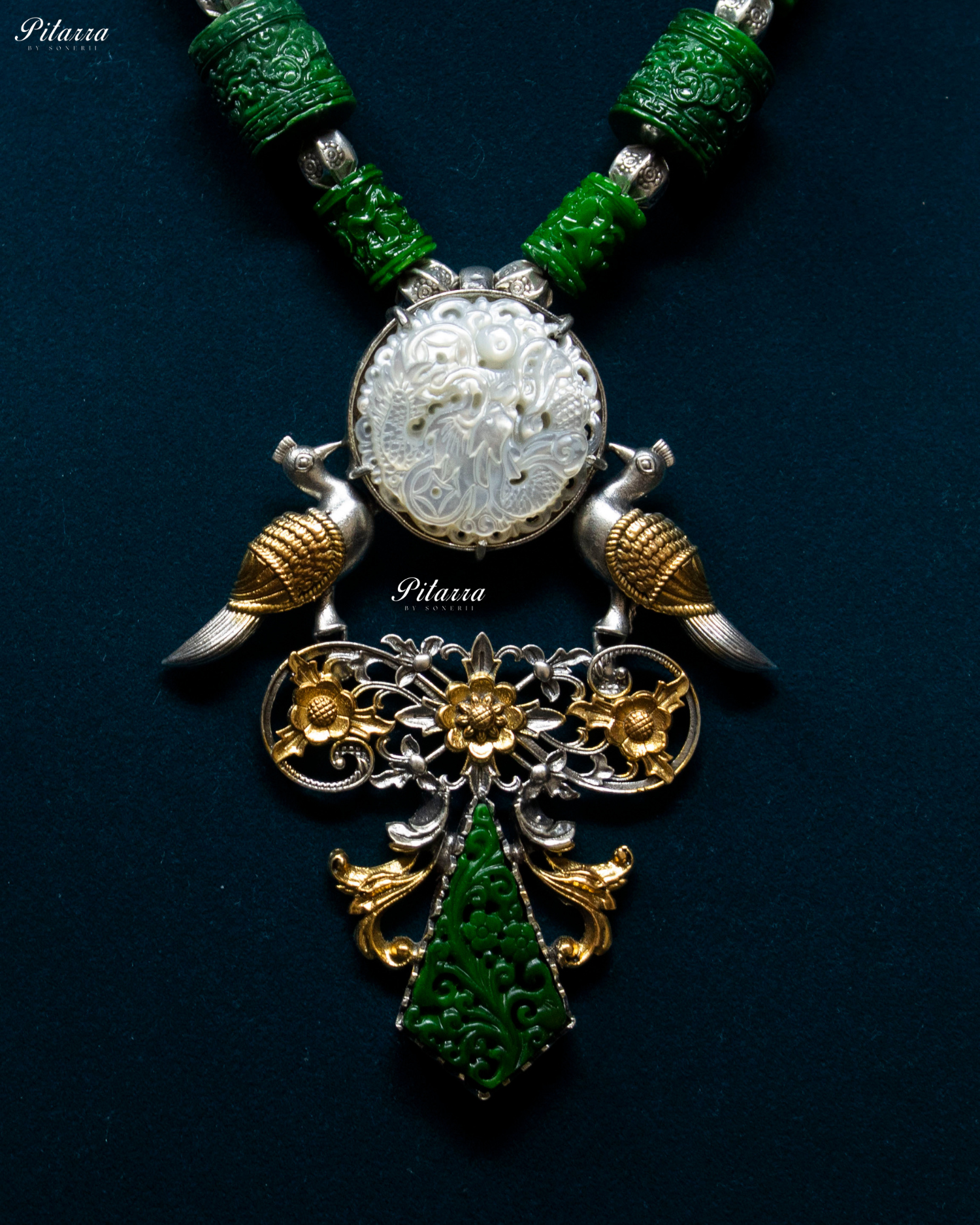 Bird Motifs Green Elements 92.5 Silver Necklace