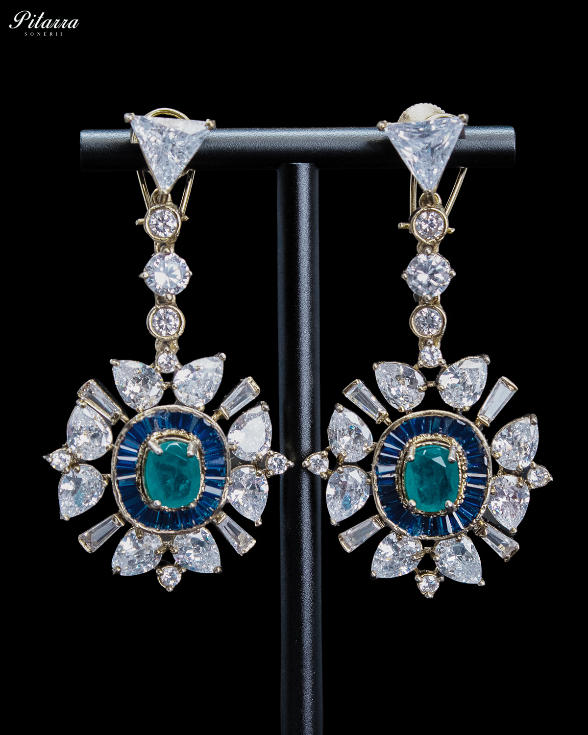 Teal Blue Kundan Floral Drop Earrings