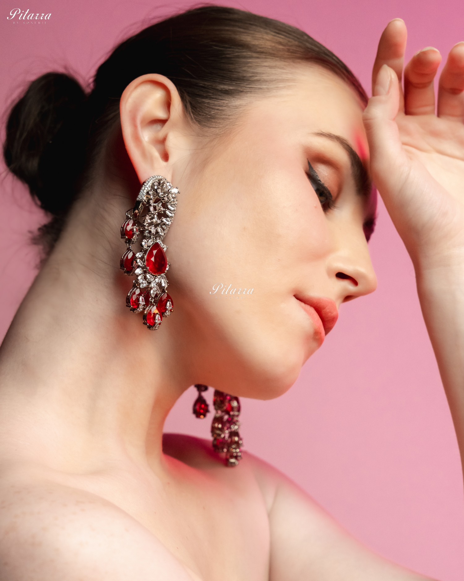 Red Silver Polish CZ Crystal Dangler Earrings