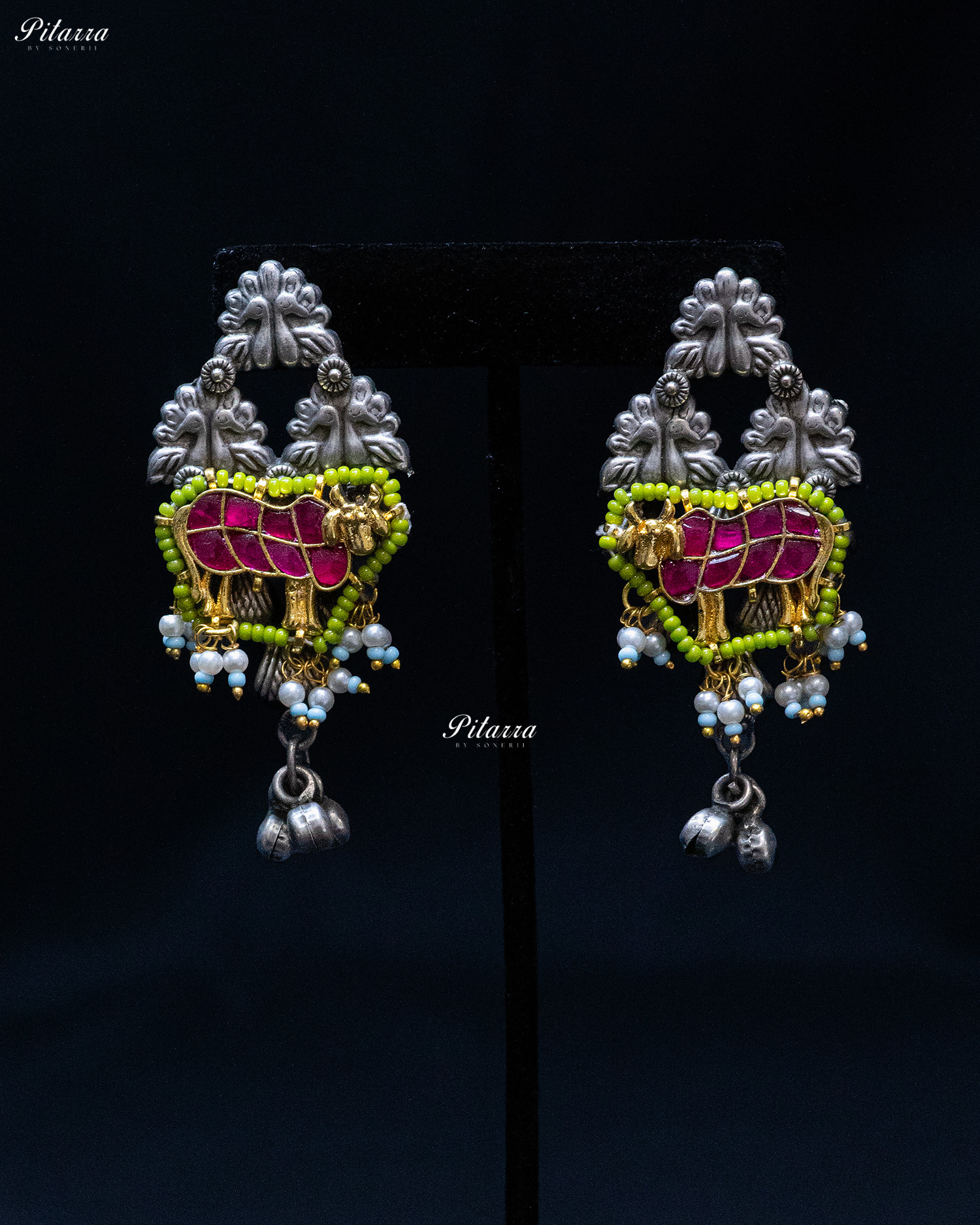 Pink Flora Turquoise Elephant Ghunghroo Silver Look Alike Choker Set