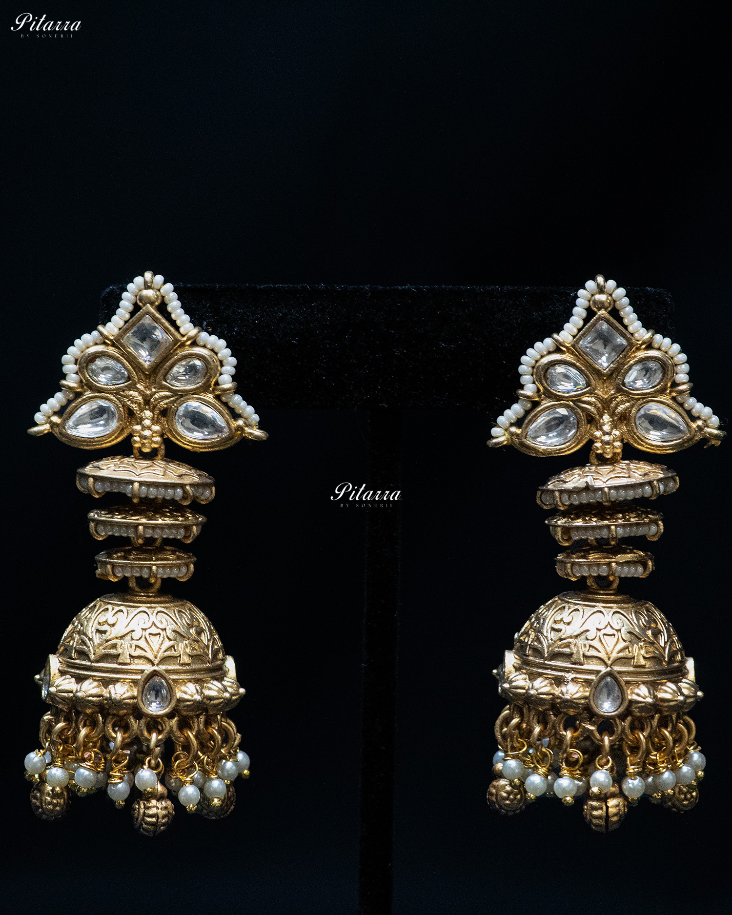 White Stone Gold Finish White Pearl Kundan Necklace Set