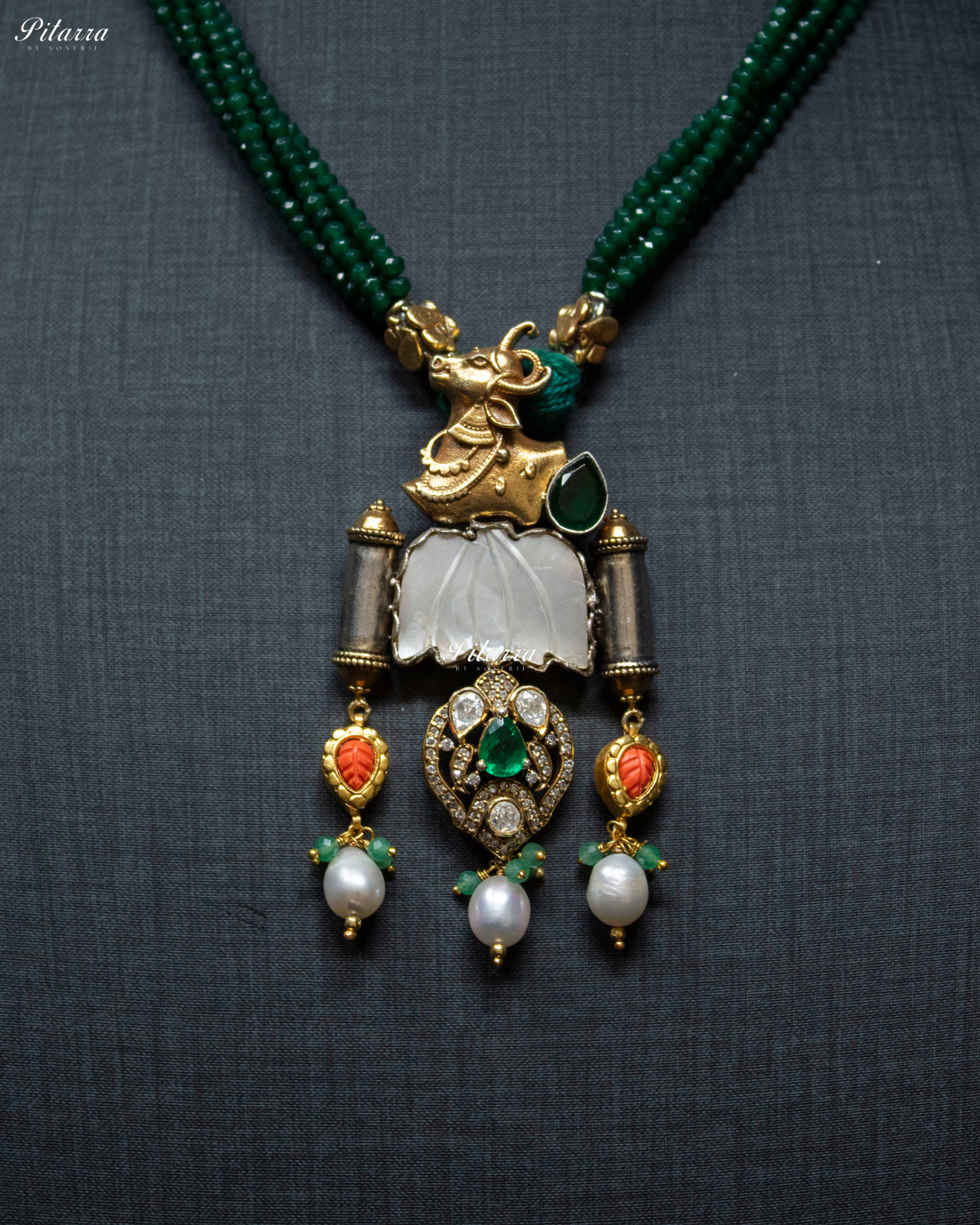 Cow Motifs Dark Green Beads 92.5 Silver Necklace
