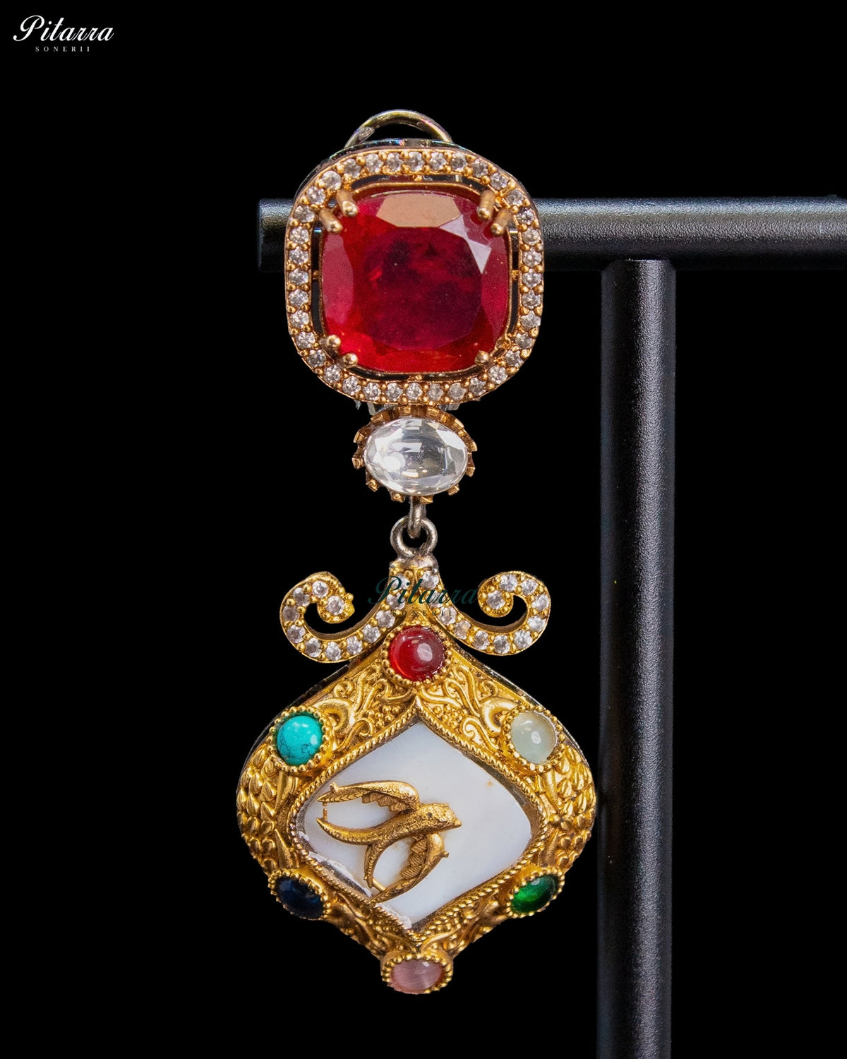 Ruby Red Crystal Kundan Style Gold Tone Ethnic Designer Dangler Earrings
