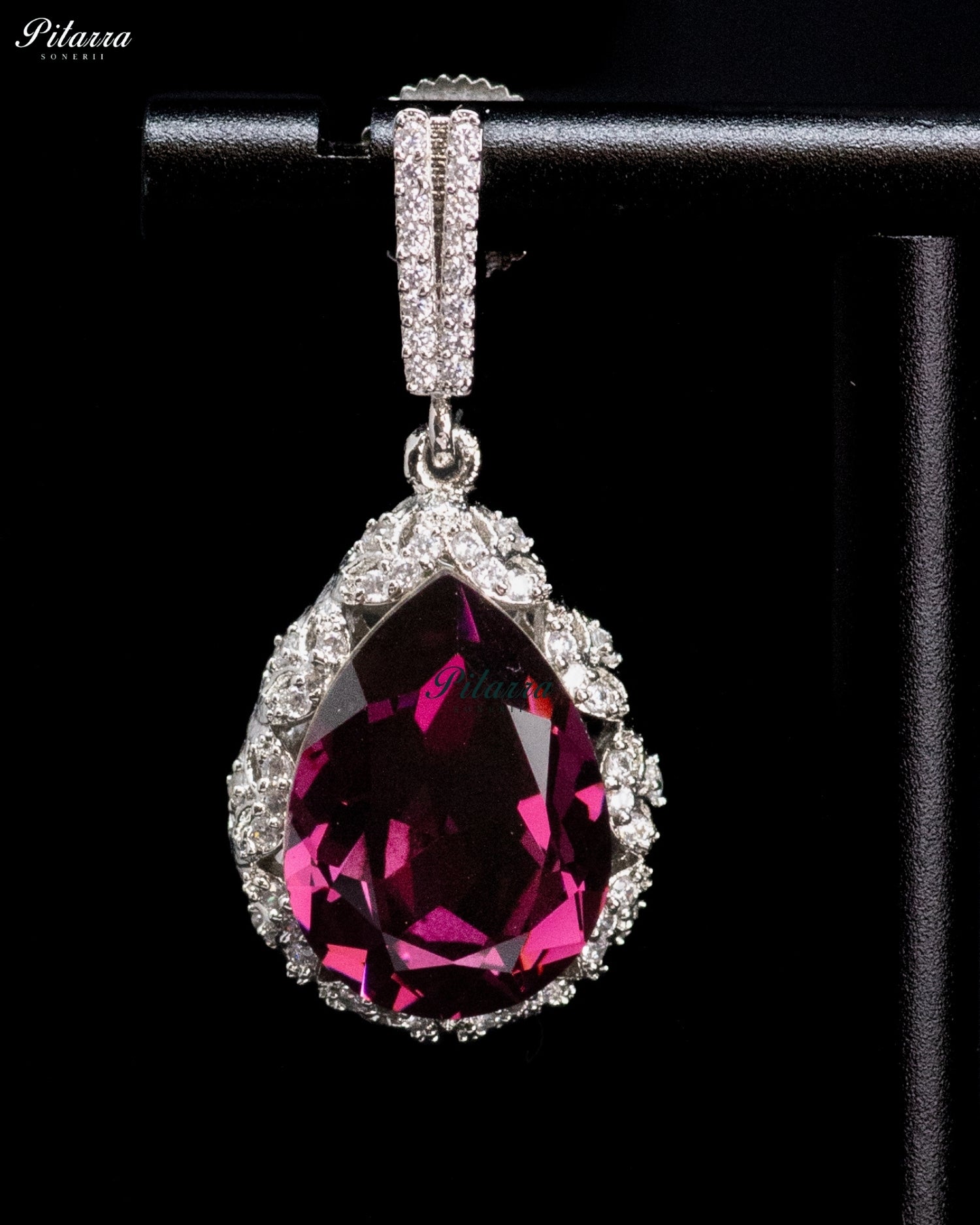 Deep Magenta Pear-Cut Crystal Halo Drop Earrings