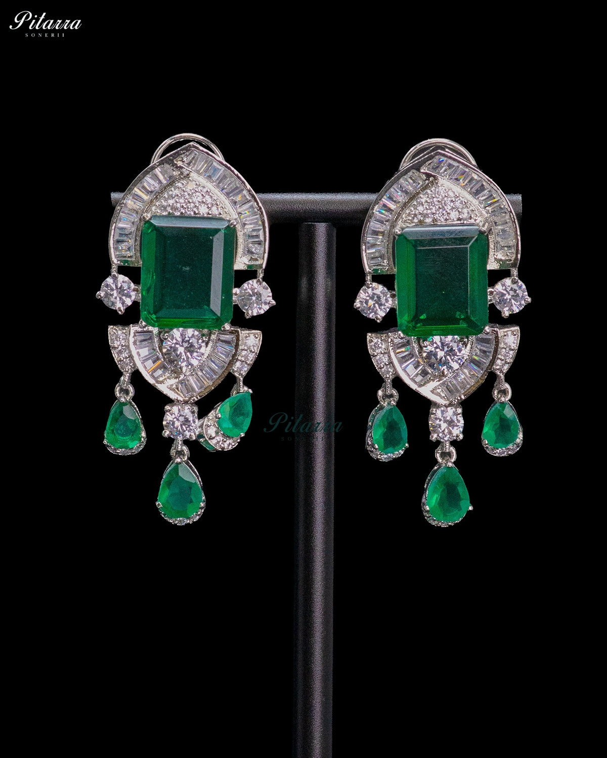 Emerald Green Emerald Cut Stone Zircon Silver Crystal Drop Necklace Set