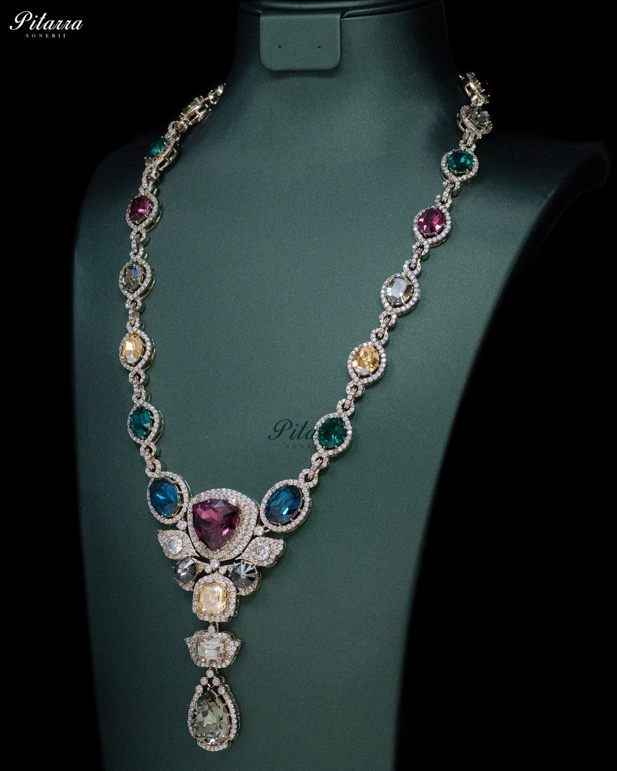 Multicolor Finish Ruby Red Crystal Long Necklace Set