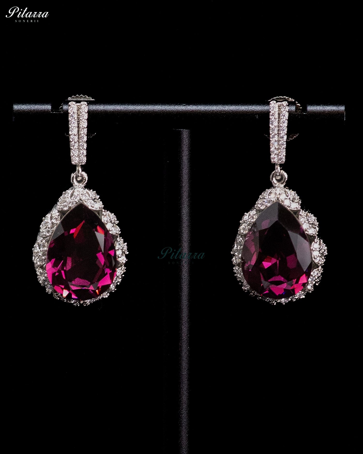 Deep Magenta Pear-Cut Crystal Halo Drop Earrings