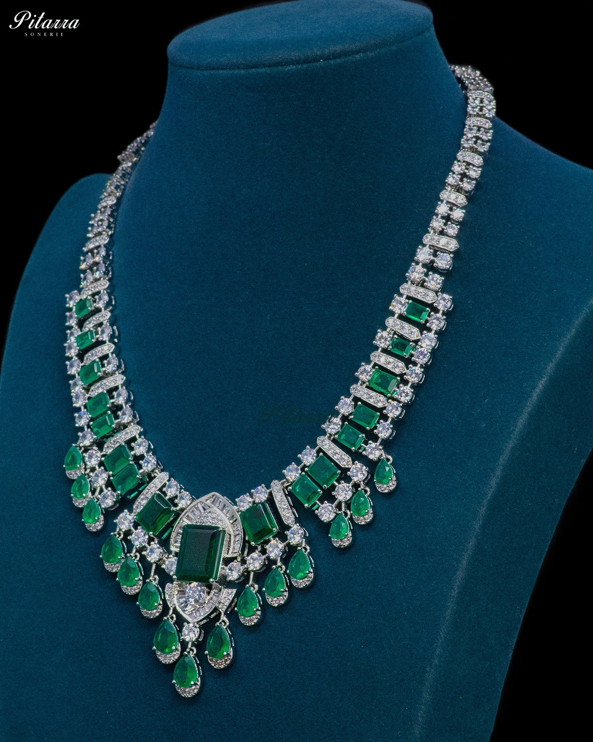 Emerald Green Emerald Cut Stone Zircon Silver Crystal Drop Necklace Set