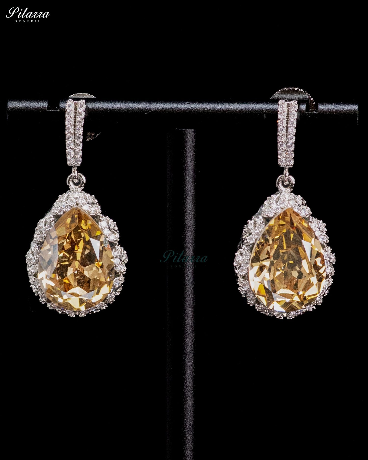 Golden Amber Pear-Cut Crystal Halo Drop Earrings