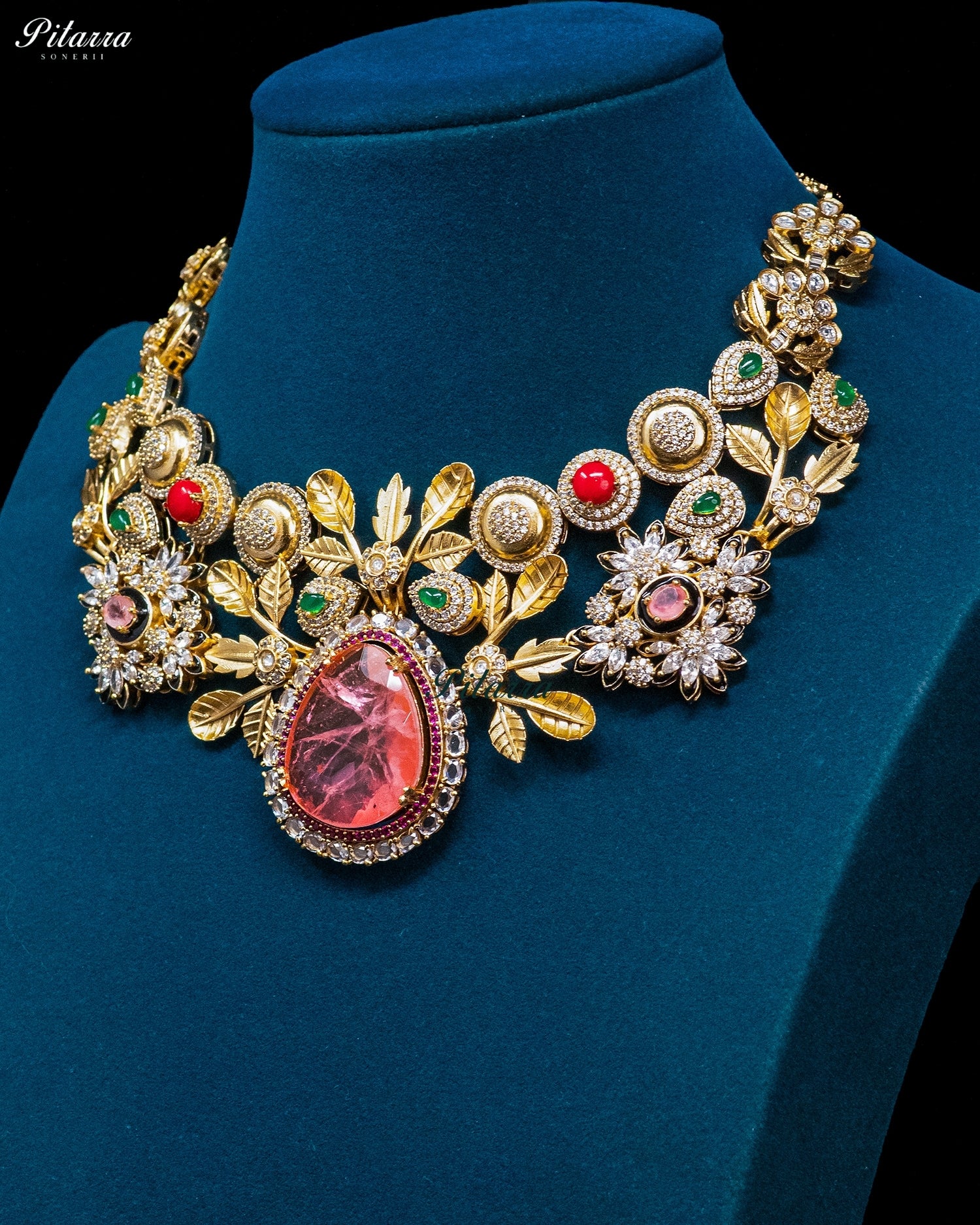Pink Teardrop Floral Kundan Necklace Set