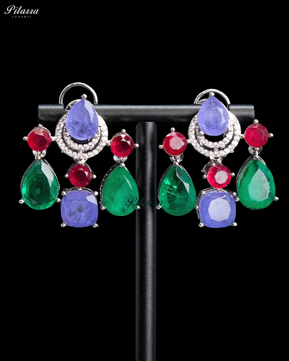 Purple Green Red Crystal Silver Tone Designer Dangler Earrings
