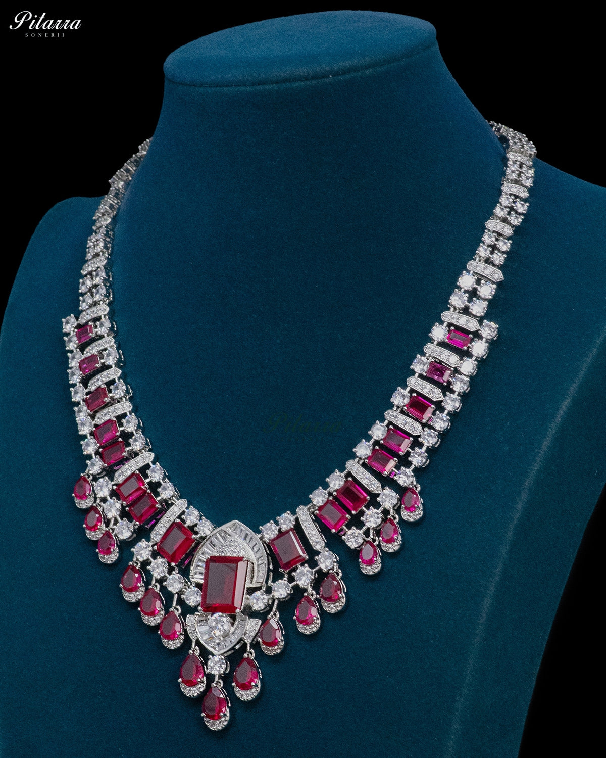 Ruby Red Emerald Cut Stone Zircon Silver Crystal Drop Necklace Set