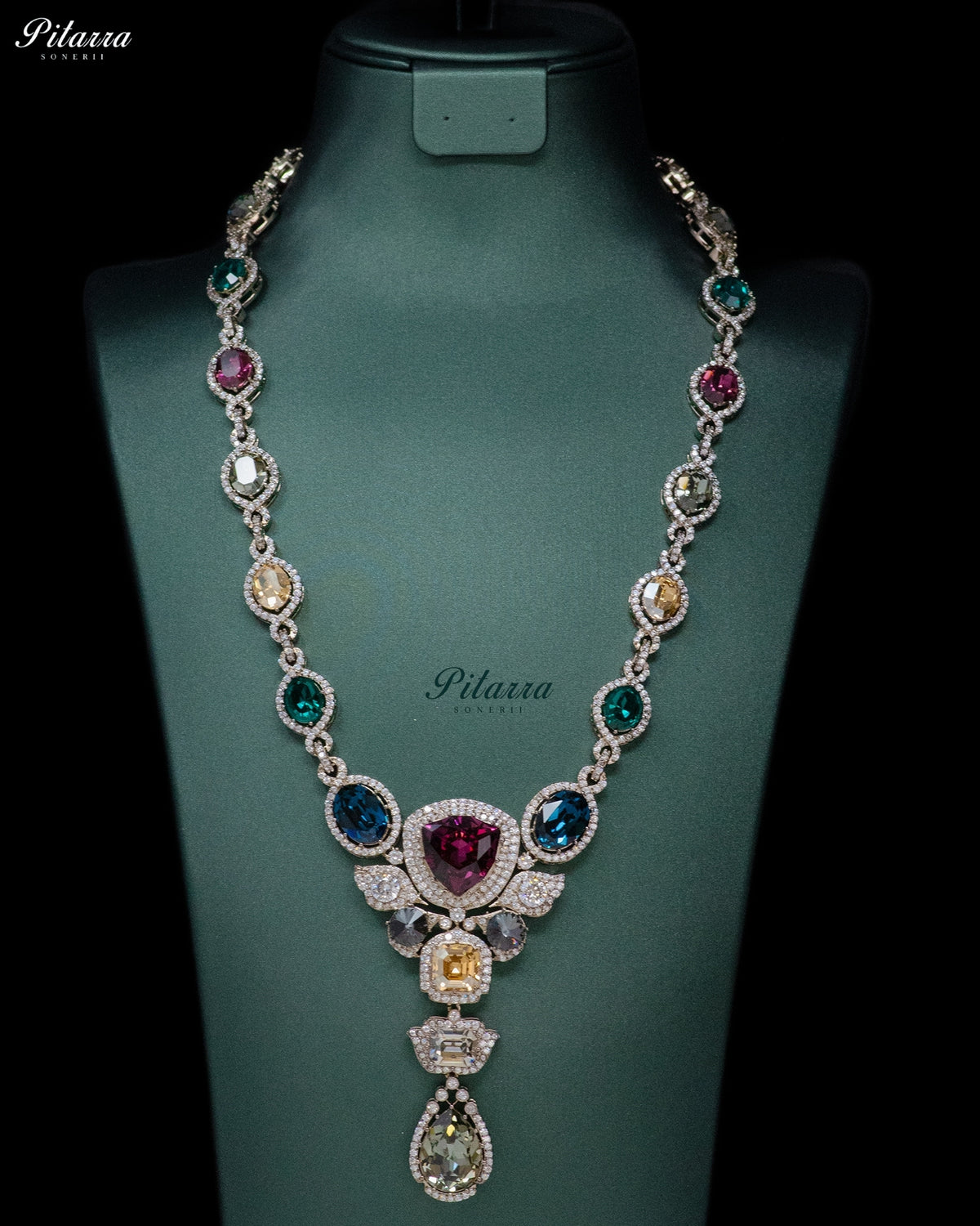 Multicolor Finish Ruby Red Crystal Long Necklace Set