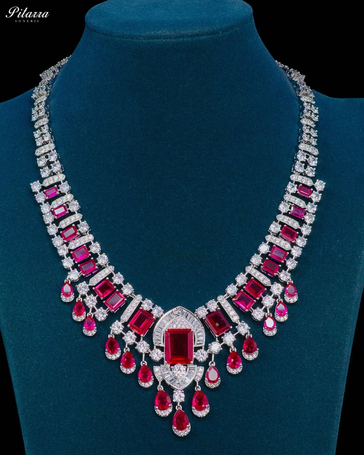 Ruby Red Emerald Cut Stone Zircon Silver Crystal Drop Necklace Set