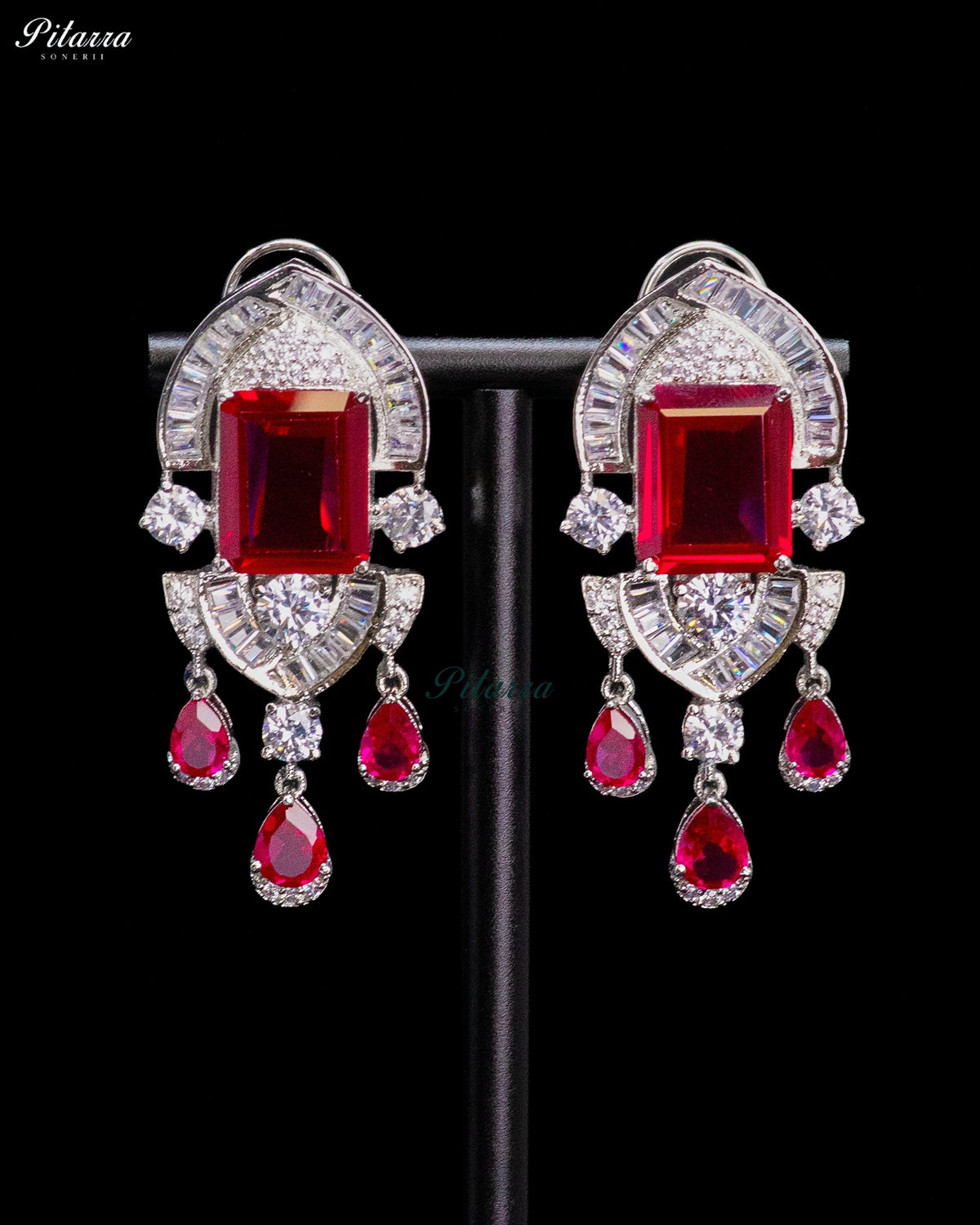 Ruby Red Emerald Cut Stone Zircon Silver Crystal Drop Necklace Set