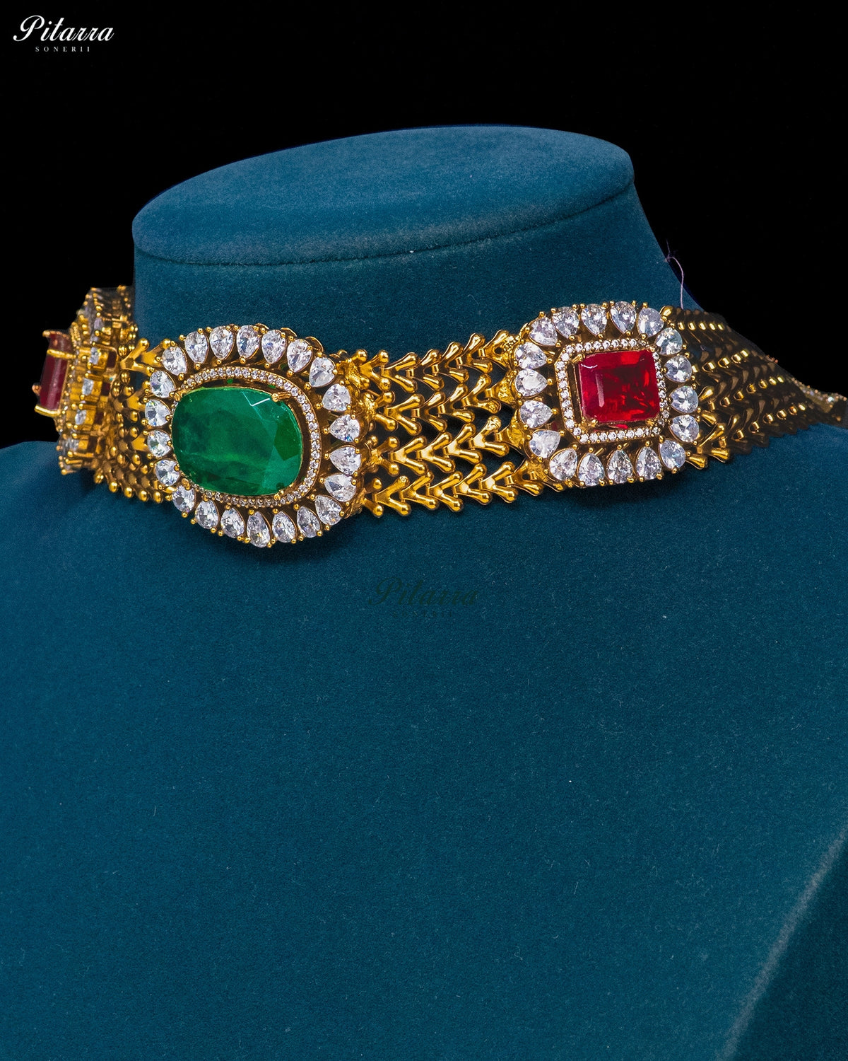 Emerald Green Ruby Square Kundan Choker Set