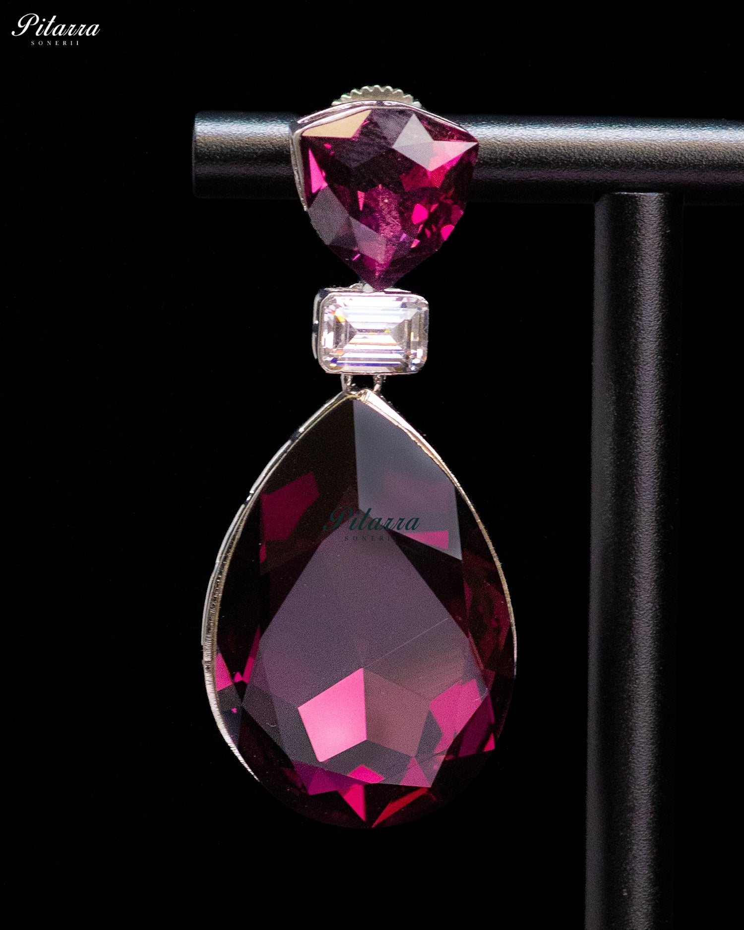 Magenta Crystal Heart and Pear Drop Earrings