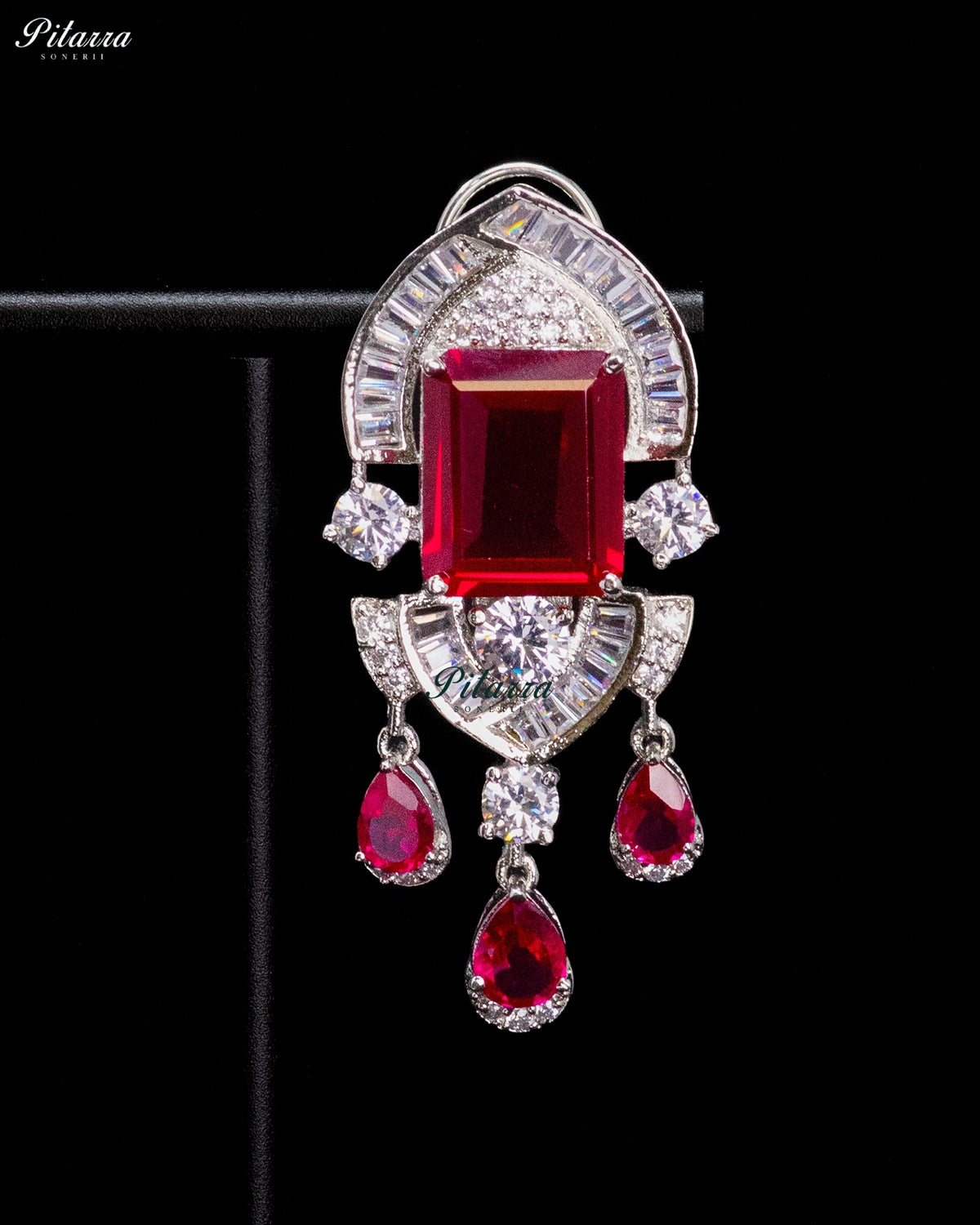 Ruby Red Emerald Cut Stone Zircon Silver Crystal Drop Necklace Set