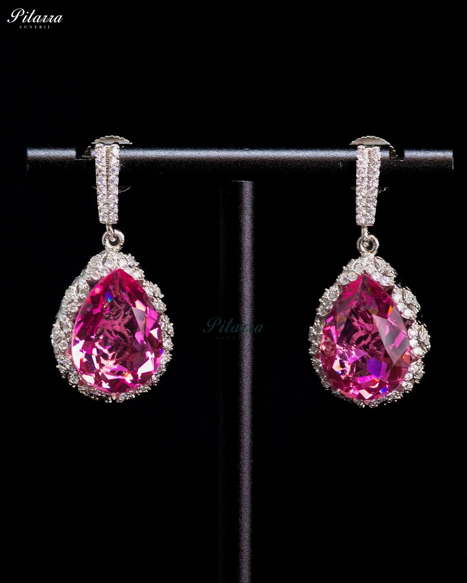 Vibrant Pink Pear-Cut Crystal Halo Drop Earrings