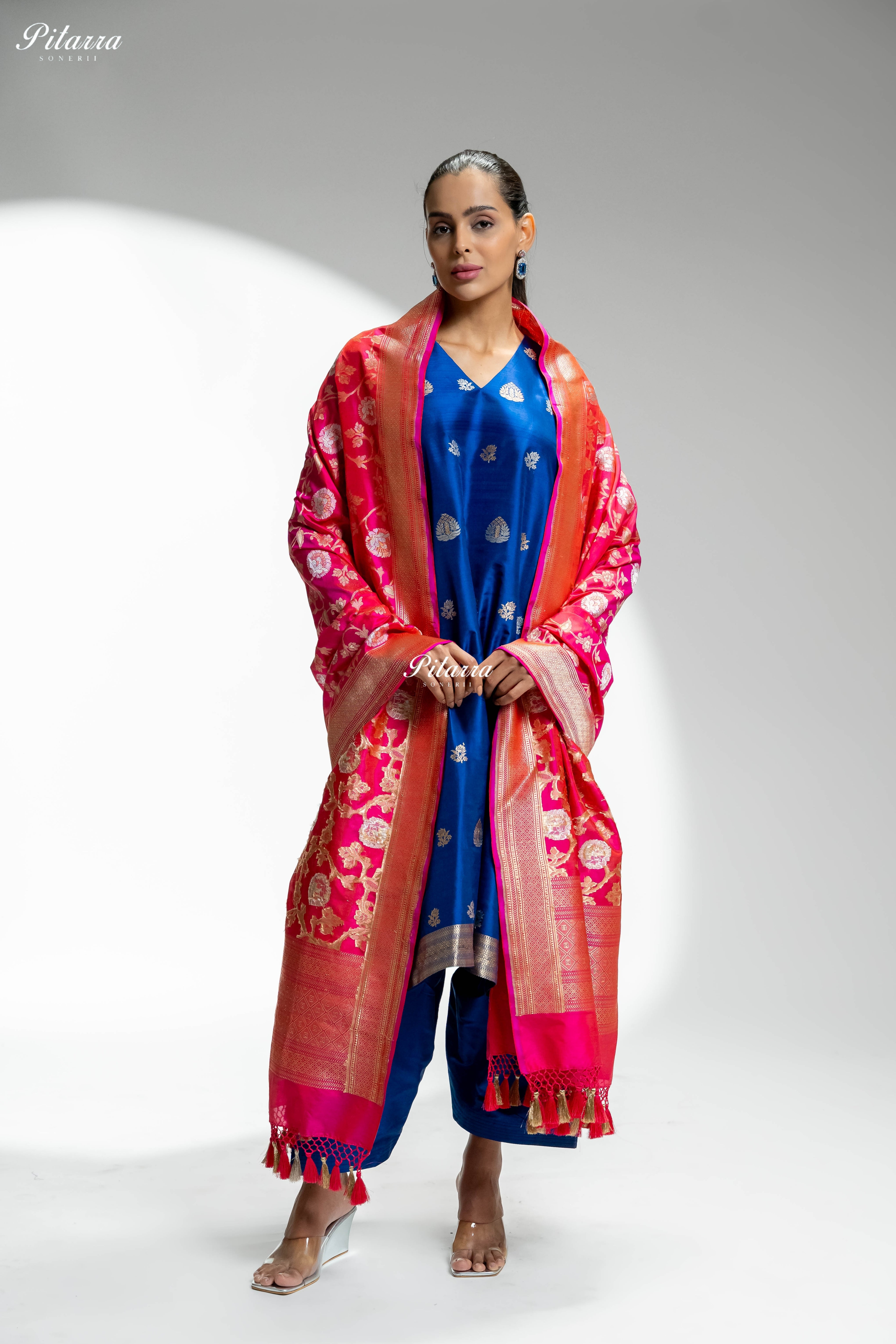 Royal Blue Gold Zari Butti Kurta Set with Pink Dupatta