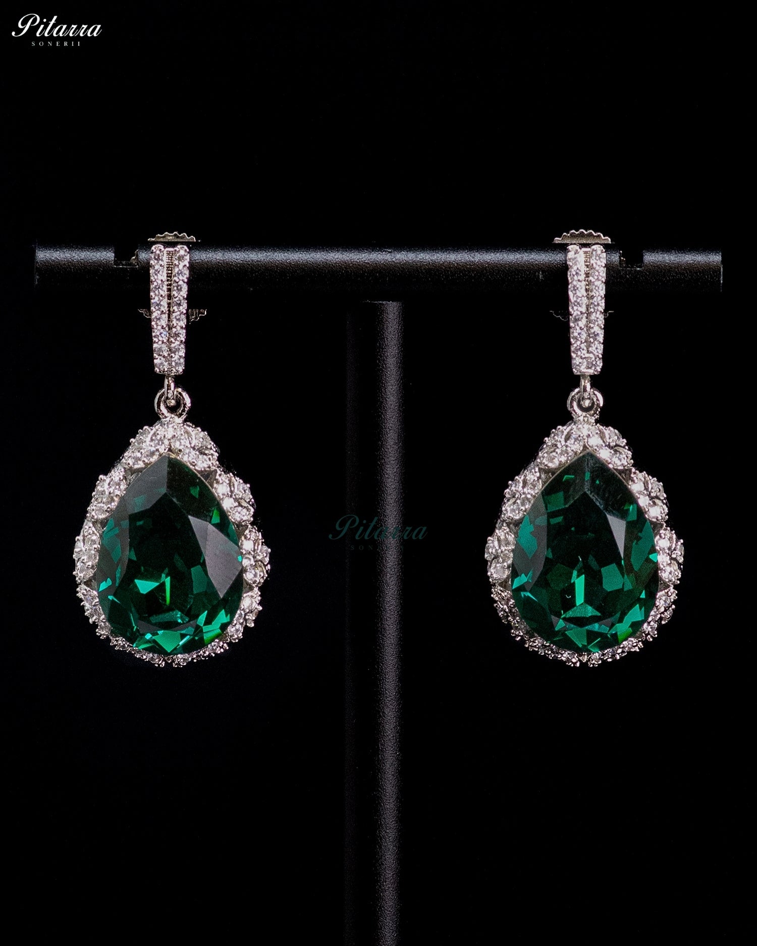 Deep Emerald Green Pear-Cut Crystal Halo Drop Earrings