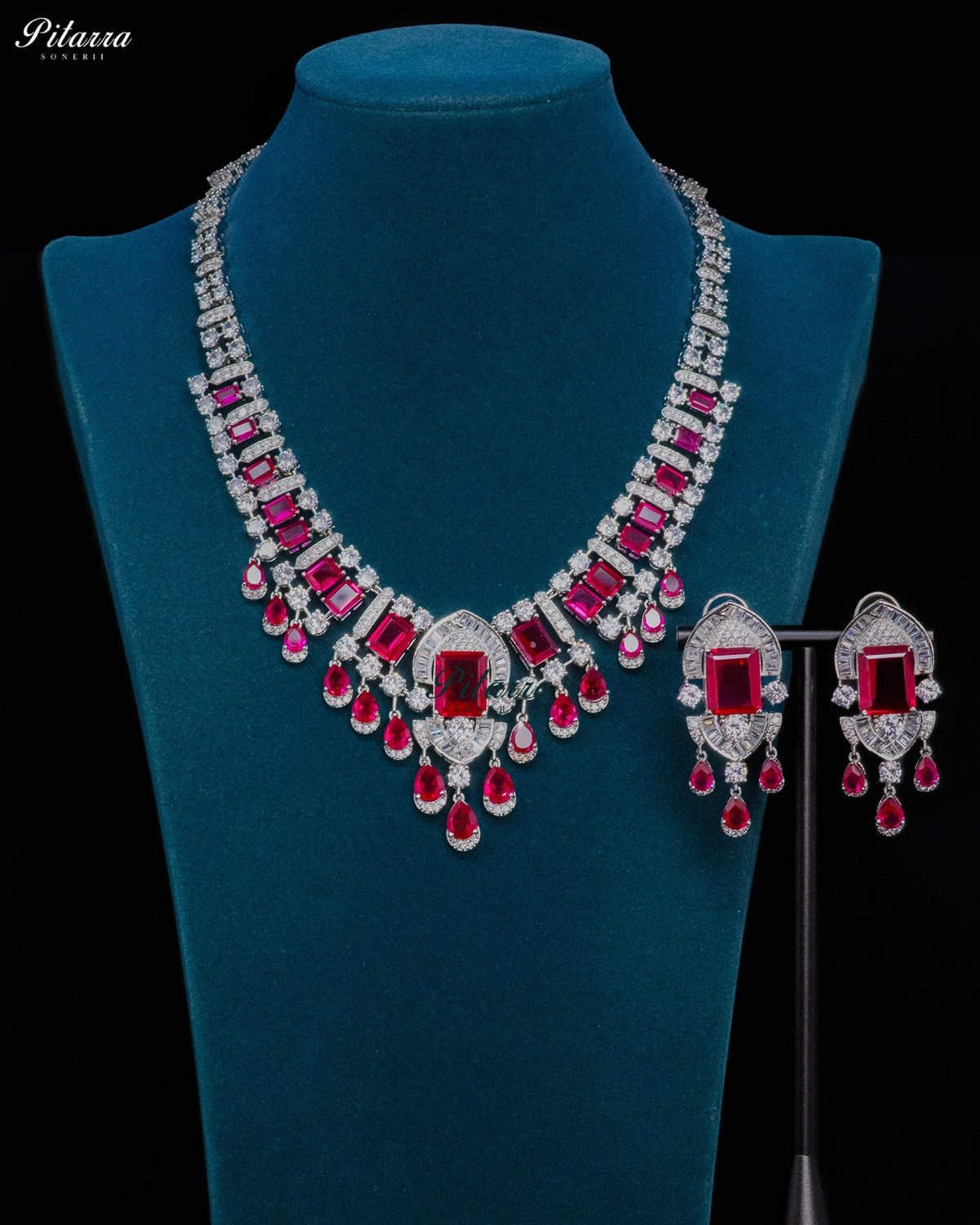 Ruby Red Emerald Cut Stone Zircon Silver Crystal Drop Necklace Set