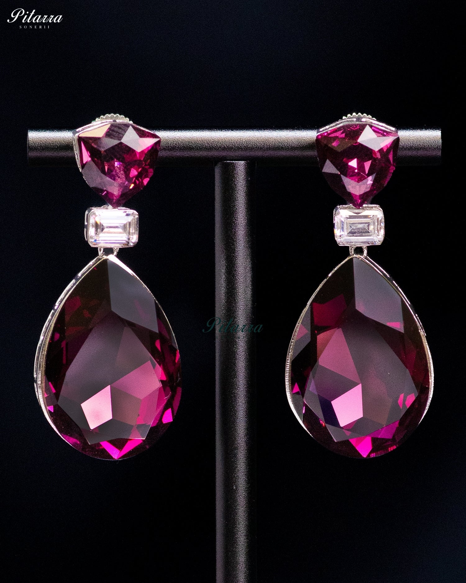 Magenta Crystal Heart and Pear Drop Earrings