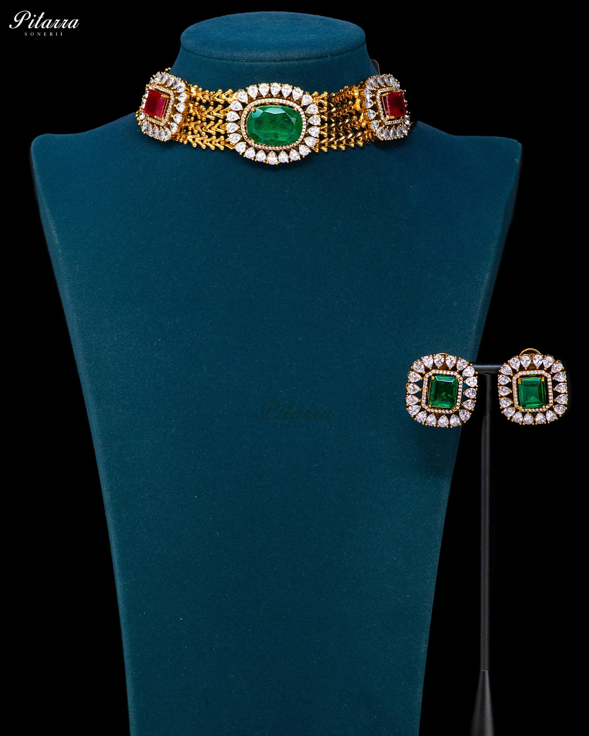 Emerald Green Ruby Square Kundan Choker Set