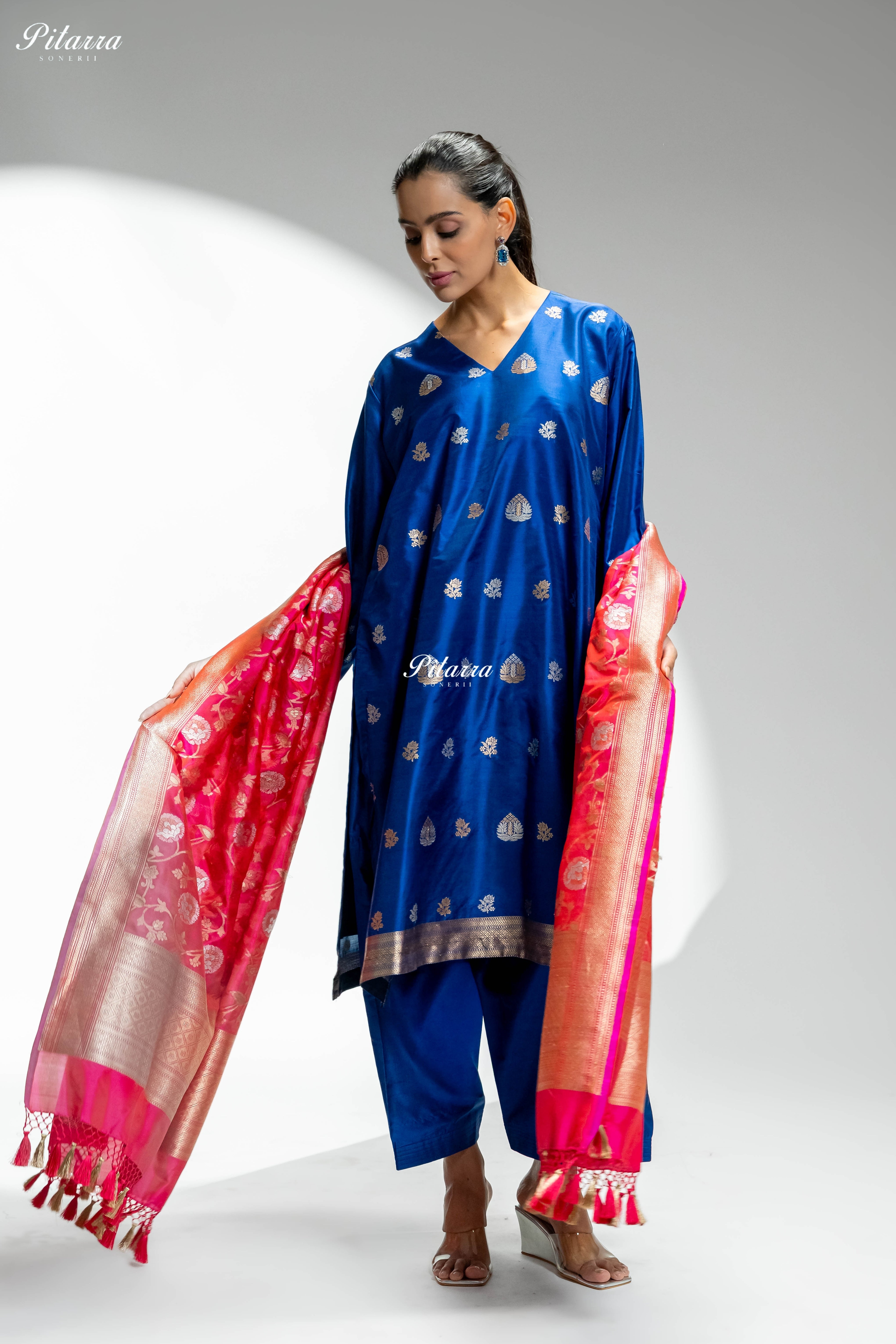 Royal Blue Gold Zari Butti Kurta Set with Pink Dupatta