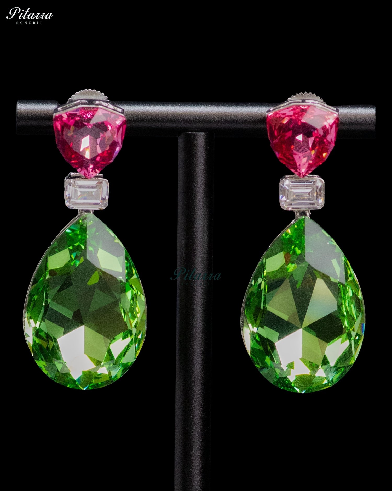 Green and Pink Crystal Pear Drop Earrings