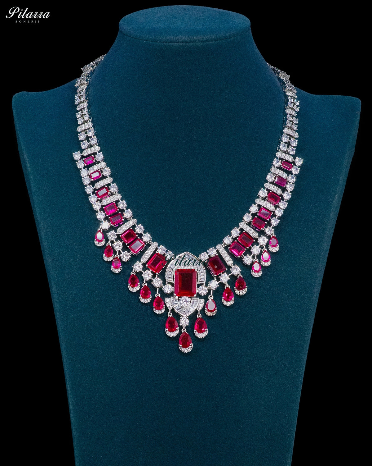 Ruby Red Emerald Cut Stone Zircon Silver Crystal Drop Necklace Set
