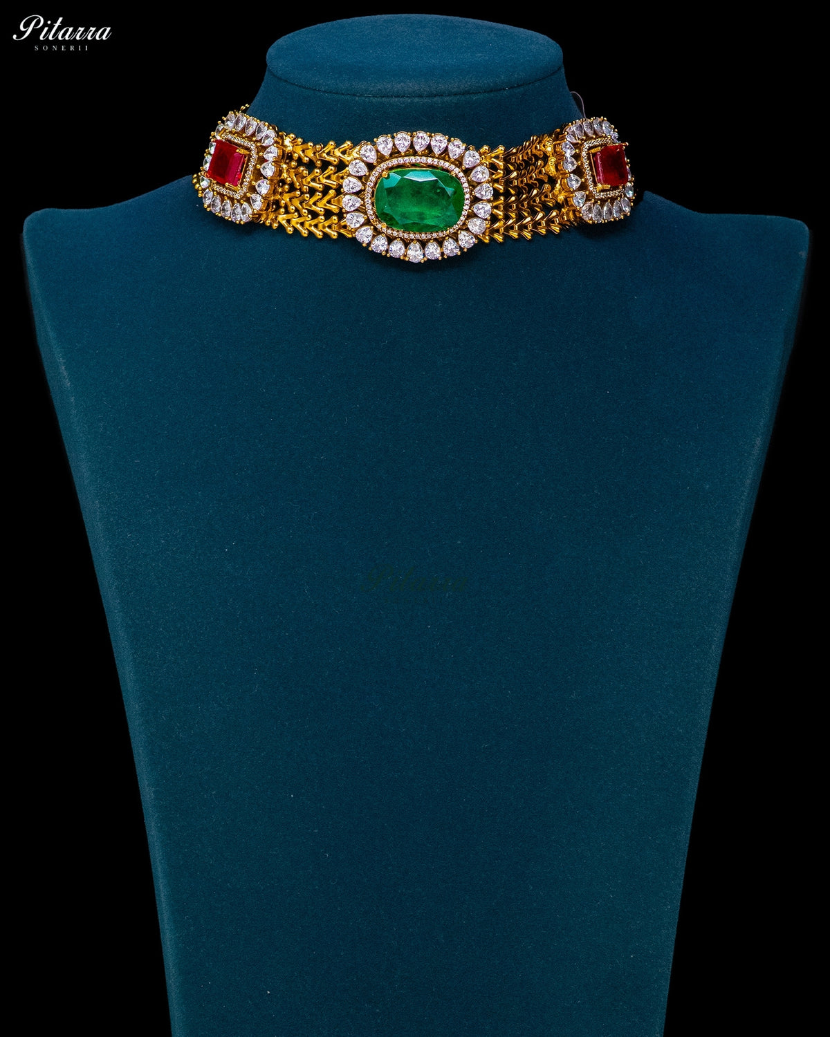 Emerald Green Ruby Square Kundan Choker Set