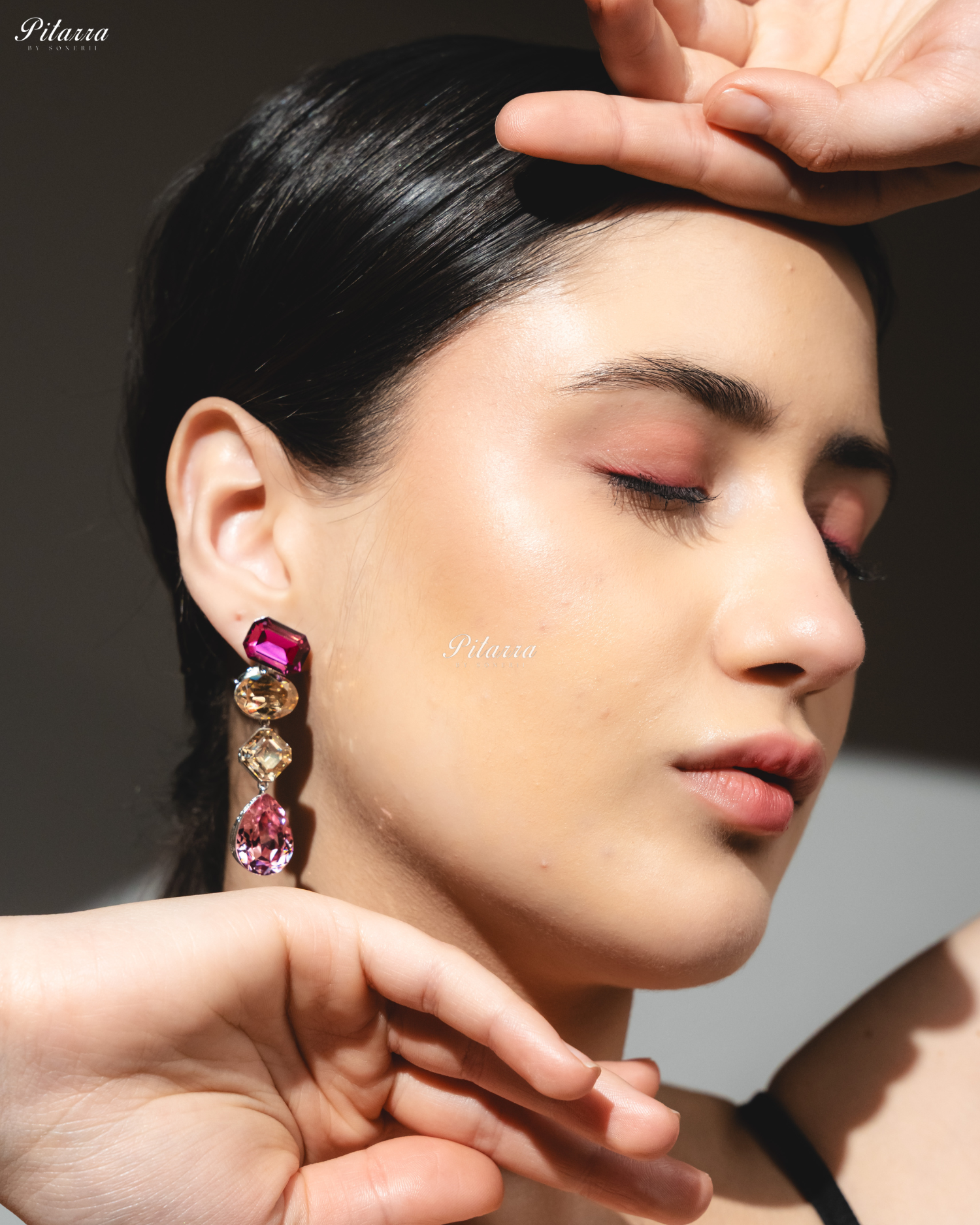 Pink Yellow Stone Studded Geometric Crystal Drop Earrings