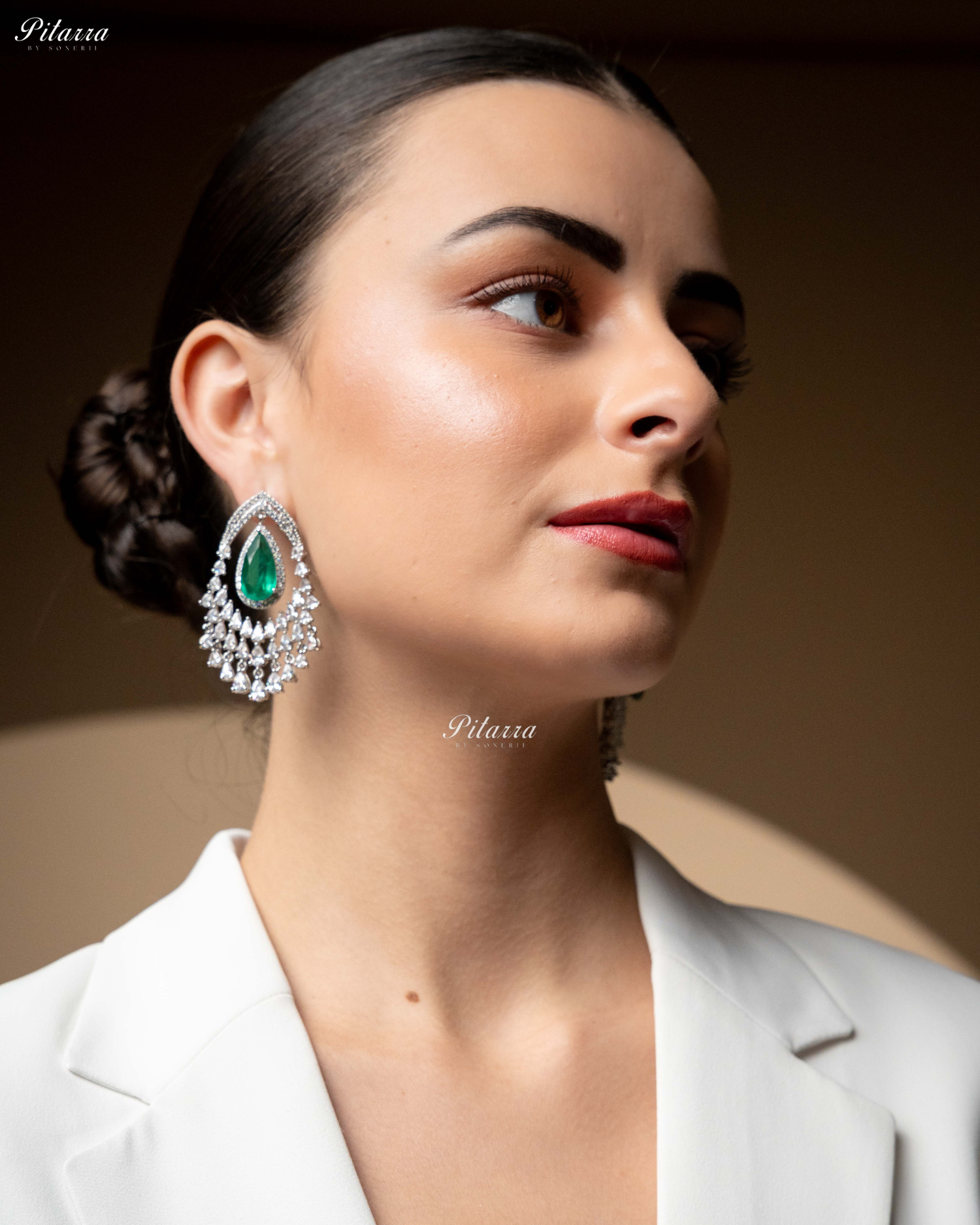 Emerald Stone Silver CZ Dangle Earrings