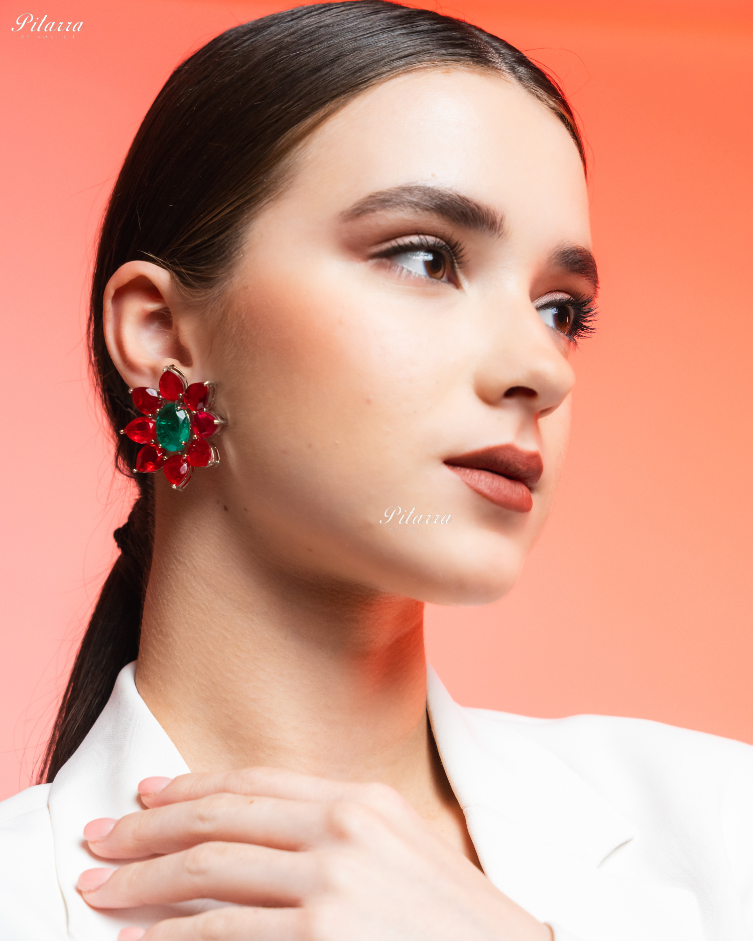 Emerald Floral Red Petals CZ Doublet Stud Earrings