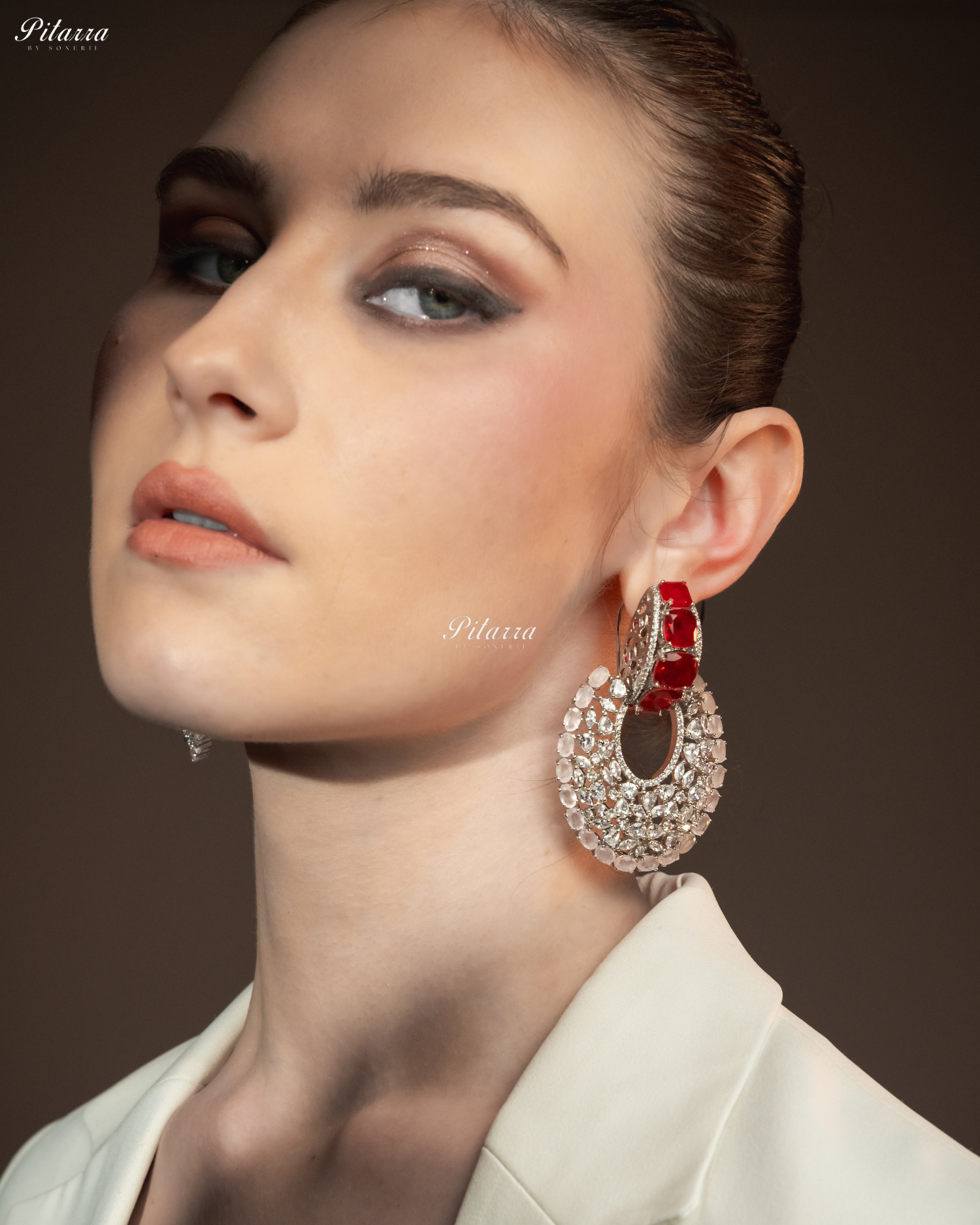 Red Stone White and pink Layer Cubic Zirconia Dangler Earrings
