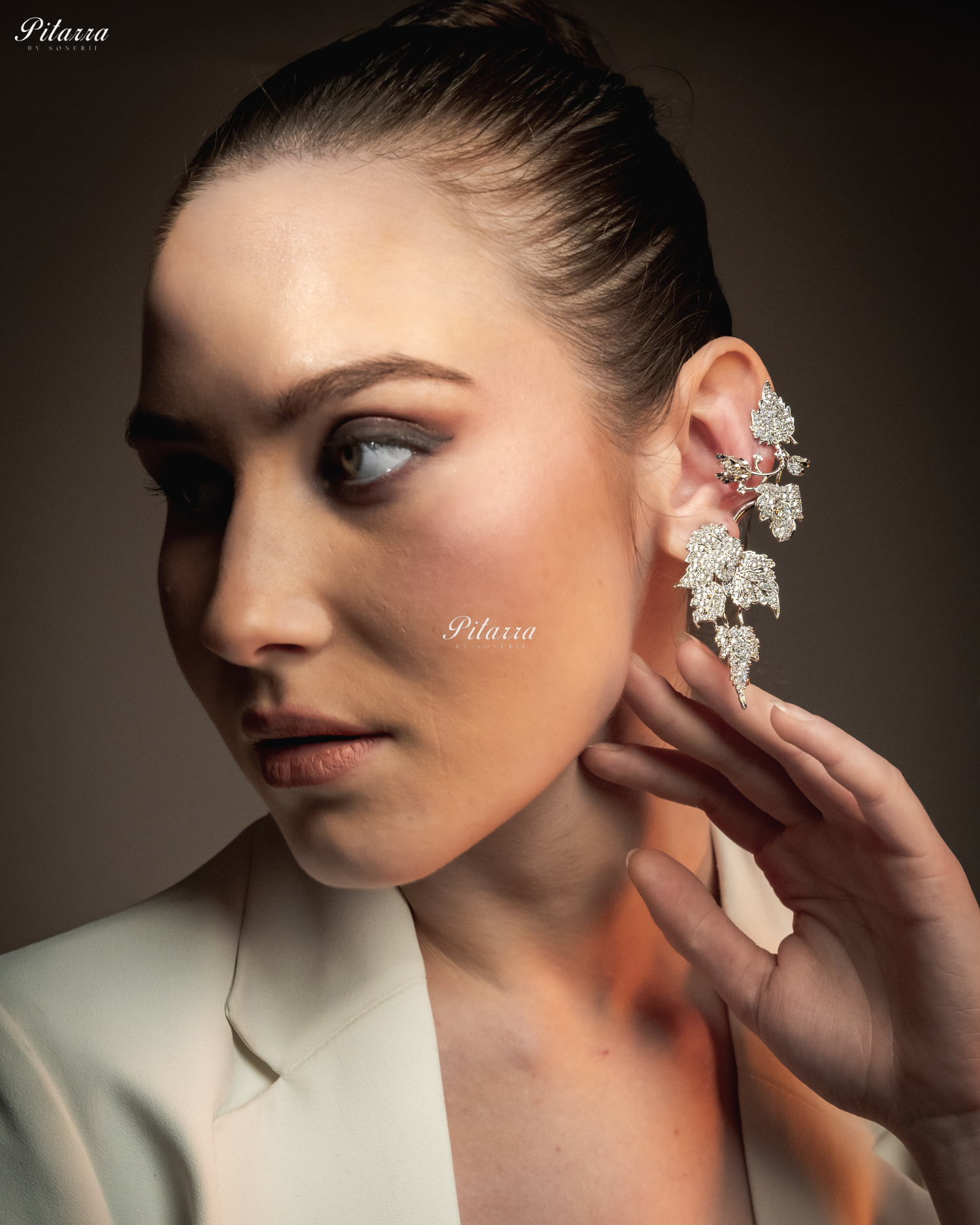 Silver Unique Leaf Shaped Crystal Earrings