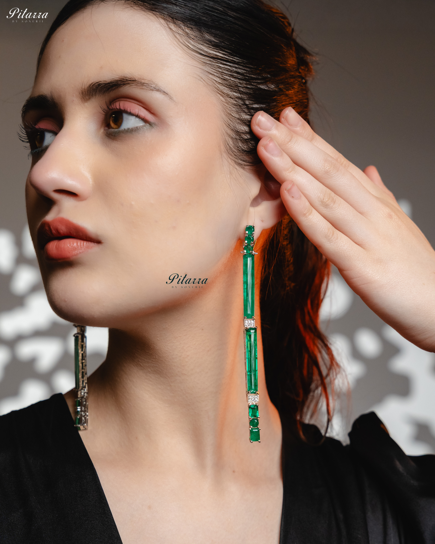 Emerald Stone Linear Long Doublet Drop Earrings
