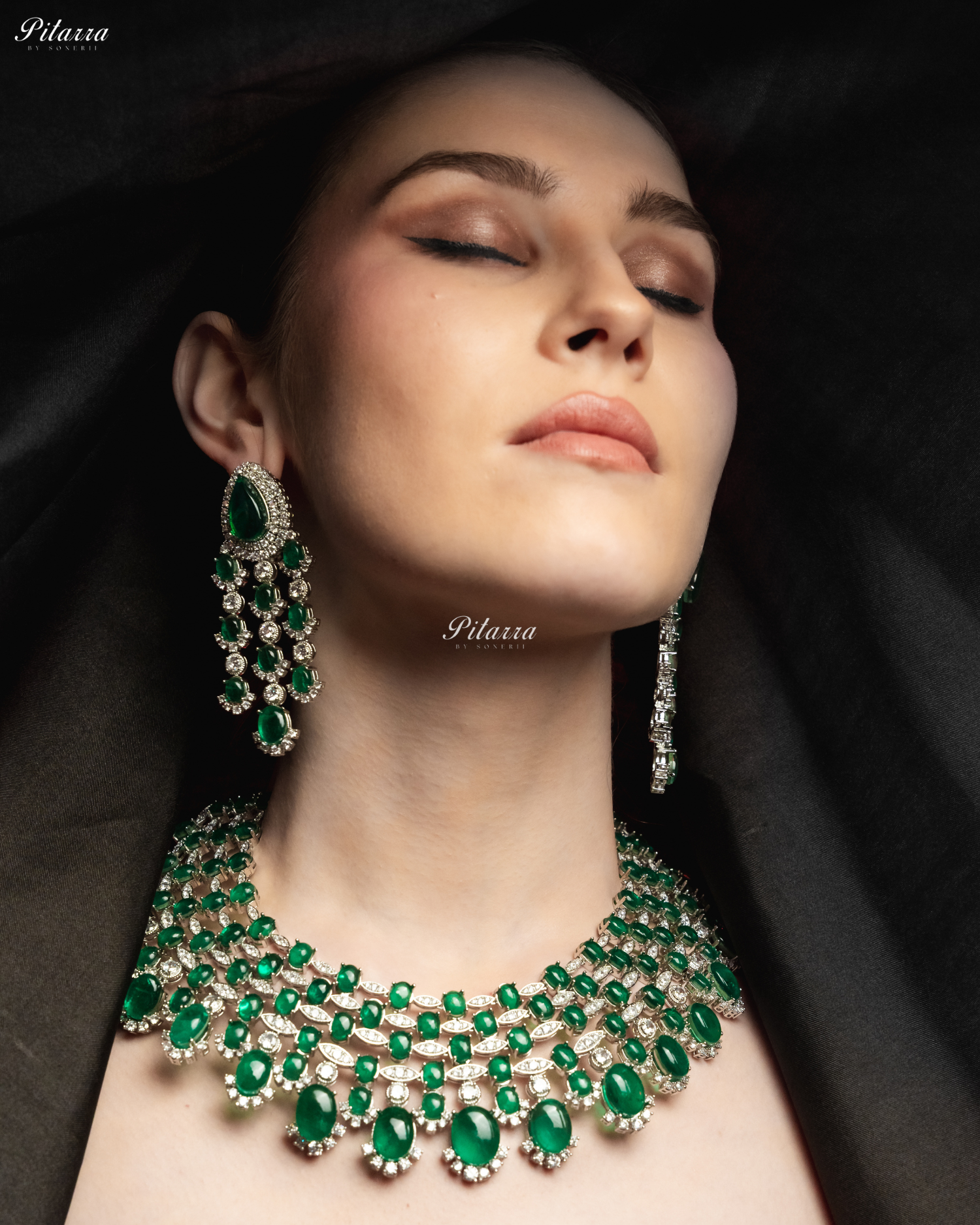 Emerald Stone Silver Multi Layer CZ Necklace Set