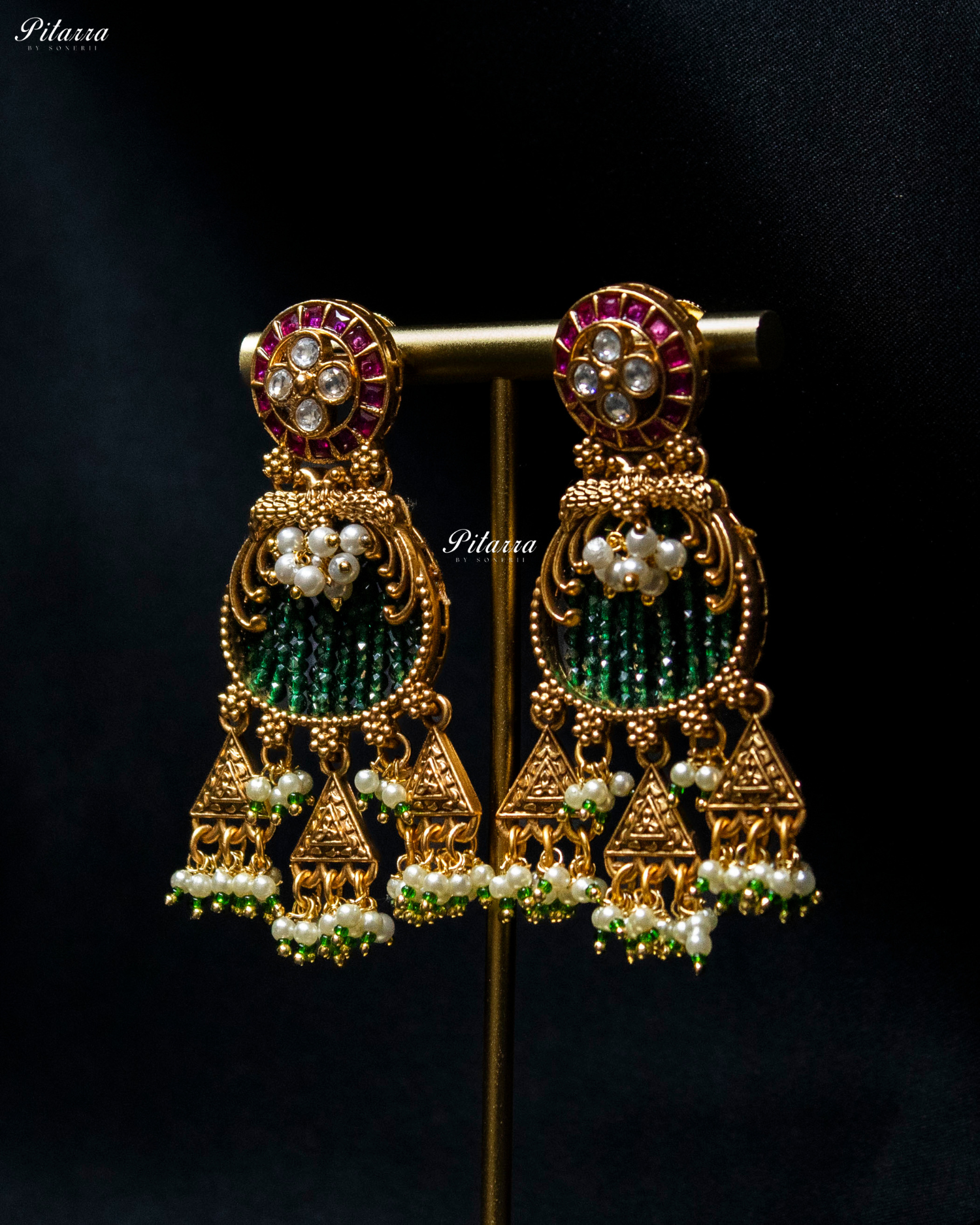 Pink Tone Emerald Detailing Golden Peacock Kundan Necklace Set
