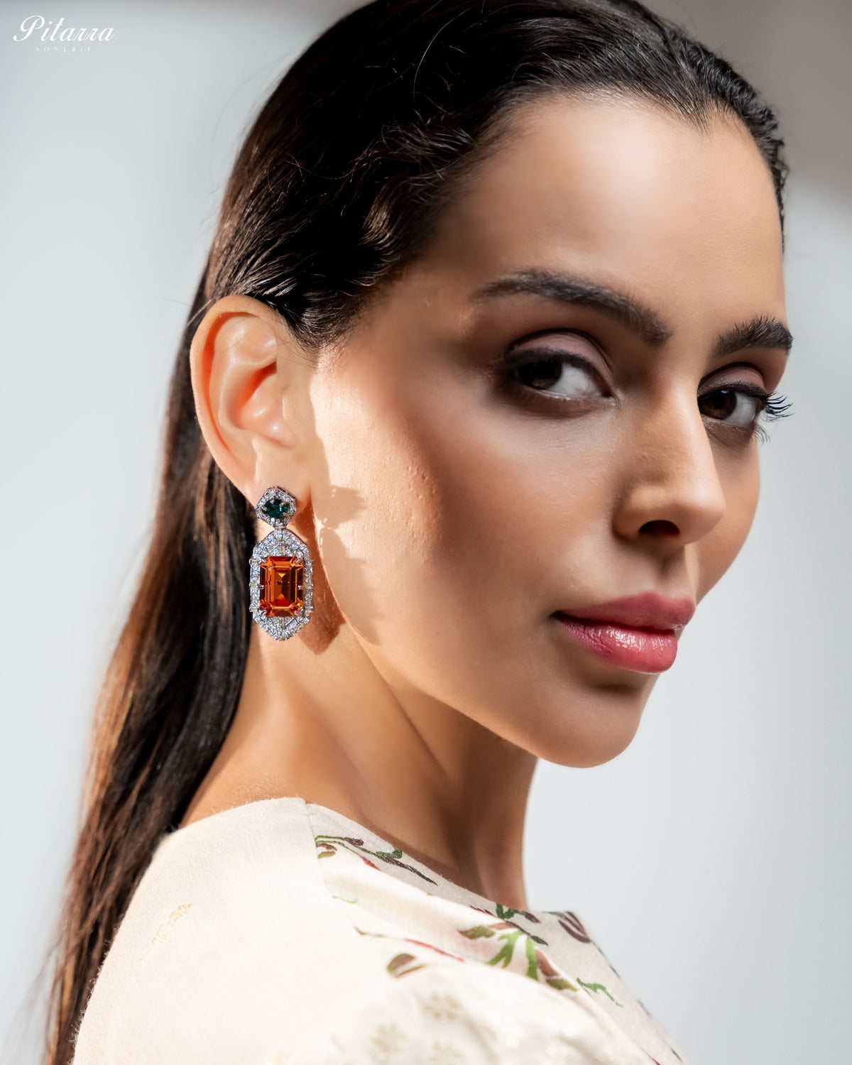 Orange Emerald Cut Diamond Halo Statement Drop Earrings