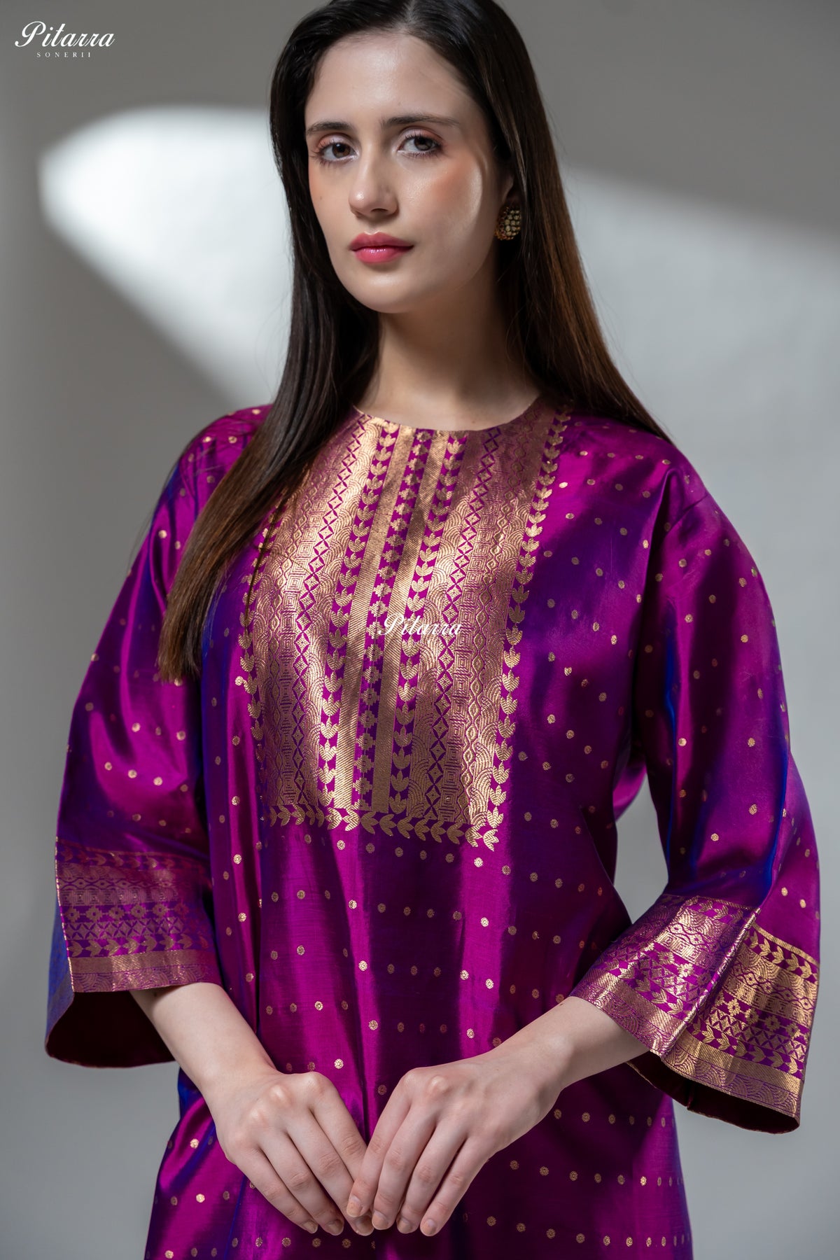 Magenta Purple Gold Zari Kurta Palazzo Set