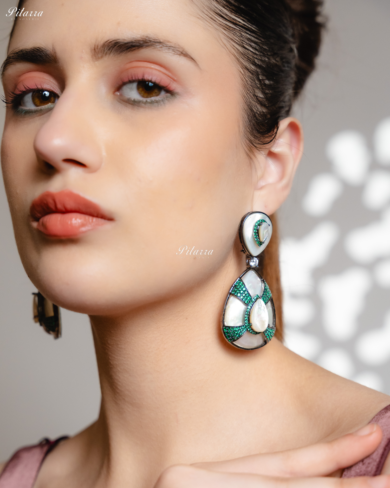 White Stone White Drop Emerald Line Crystal Dangler Earrings