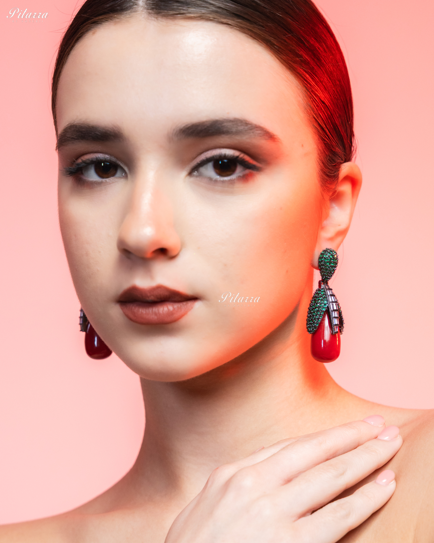 Emerald Leaf Red Teardrop CZ Crystal Earrings