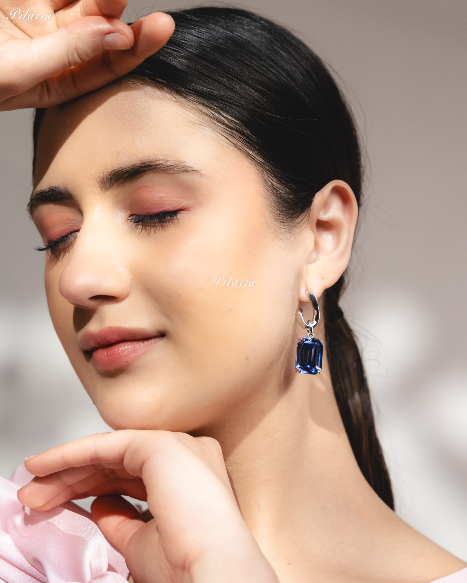 Blue Stone Rectangular Zircon Silver Crystal Earrings